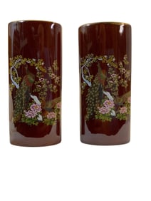 Pair Mid-century Hand-painted Asahi Japan Peacock Vases Reddish Brown Gold Trimmed