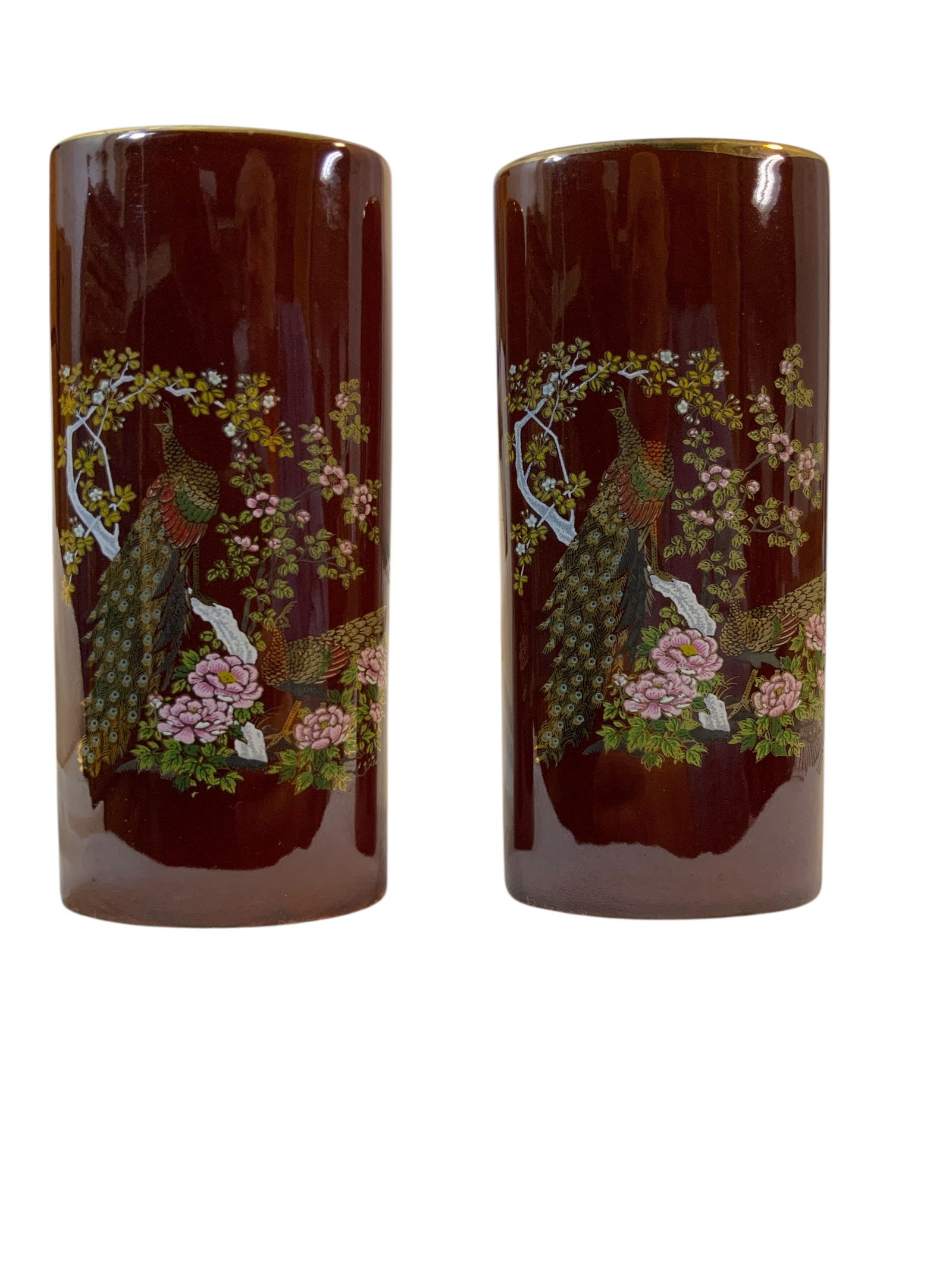Pair Mid-century Hand-painted Asahi Japan Peacock Vases Reddish Brown Gold Trimmed: Pair Mid-century Hand-painted Asahi Japan Peacock Vases Reddish Brown Gold Trimmed.6 1/2” tall.