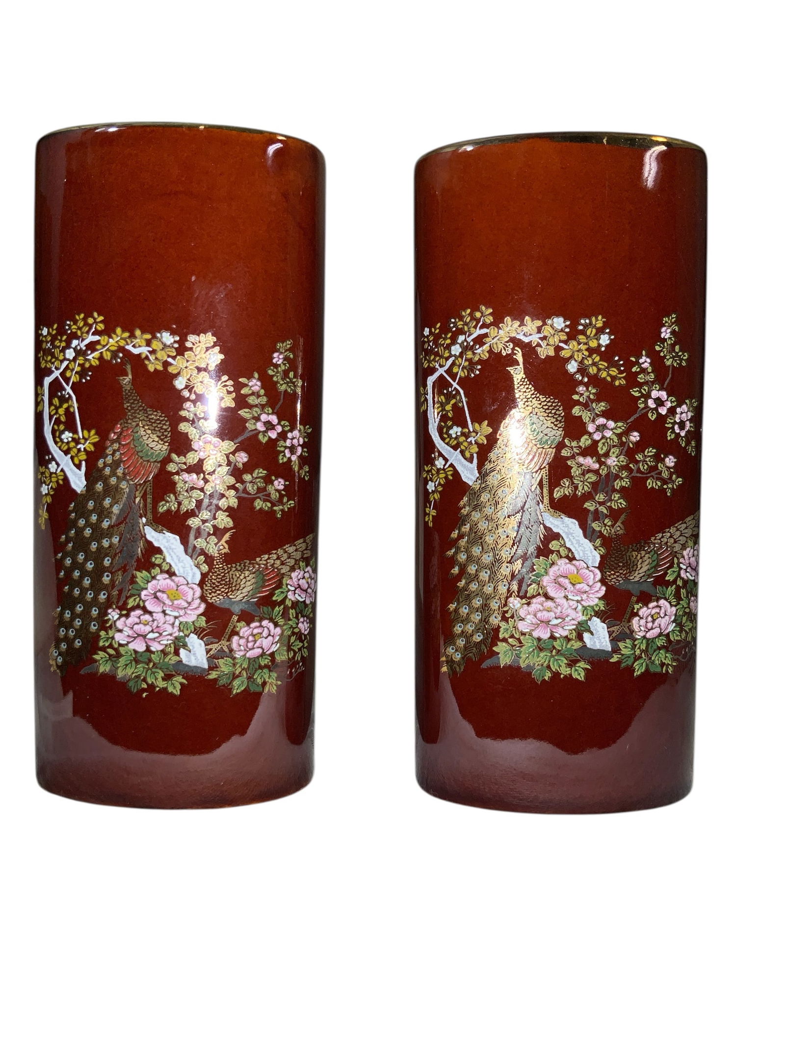 Pair Mid-century Hand-painted Asahi Japan Peacock Vases Reddish Brown Gold Trimmed - 2