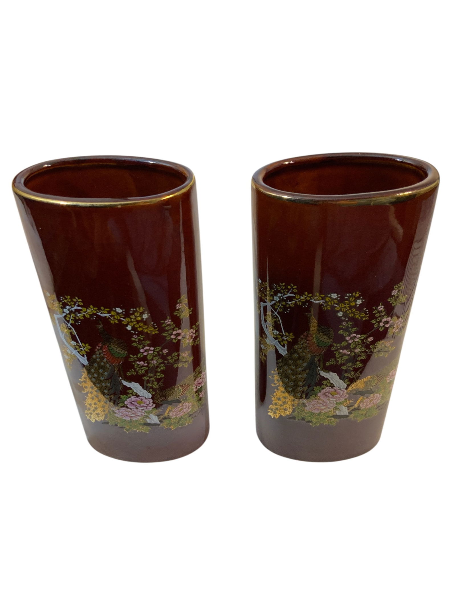 Pair Mid-century Hand-painted Asahi Japan Peacock Vases Reddish Brown Gold Trimmed - 3