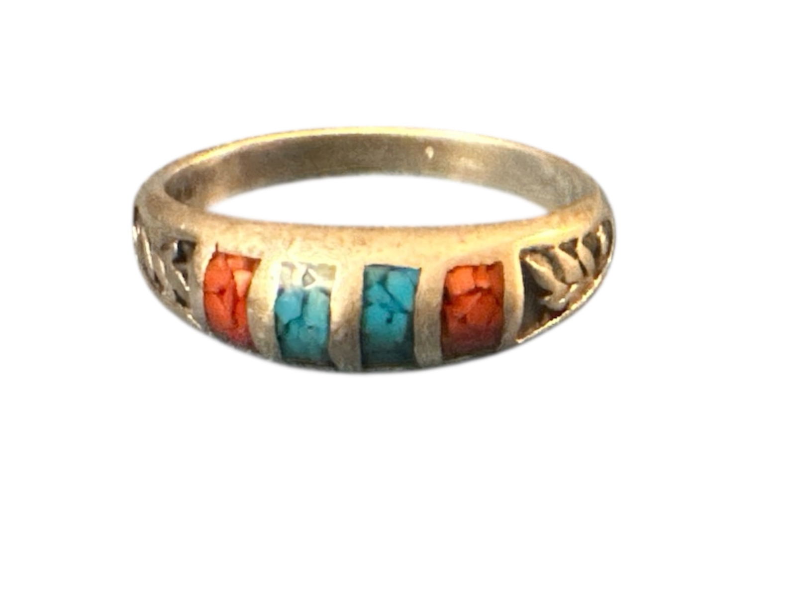 Vintage Turquoise and Red Coral Set in Sterling Silver Ring size 12,5: Vintage Turquoise and Red Coral Set in Sterling Silver Ring size 12.5