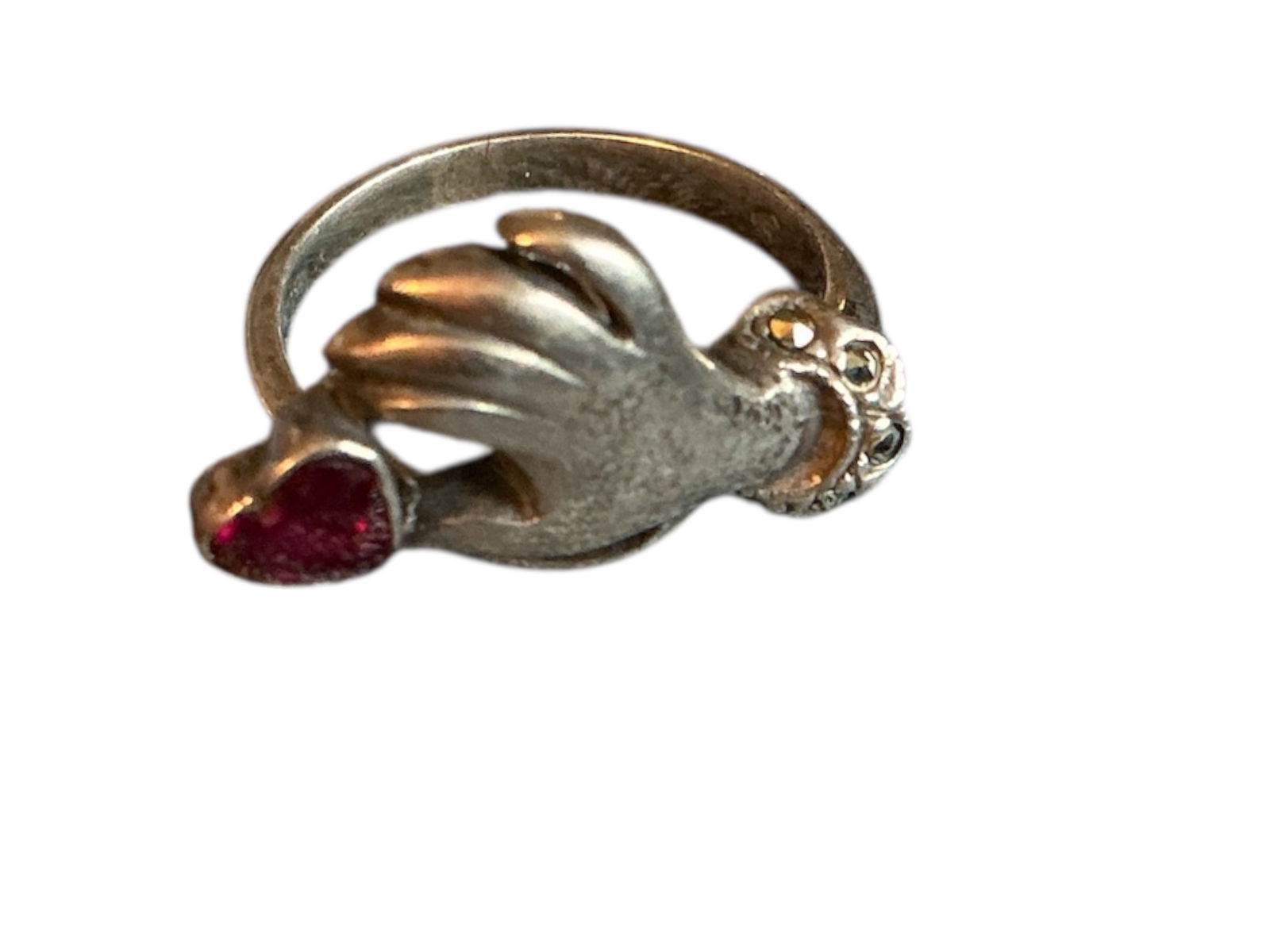 Vintage Sterling Silver Ring Figural Hand Holding Multi-faceted Heart-shaped Red Gemstone size 6 (1 of 8)