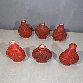 6 Antique Chinese Cinnabar Lacquer Snuff Bottles