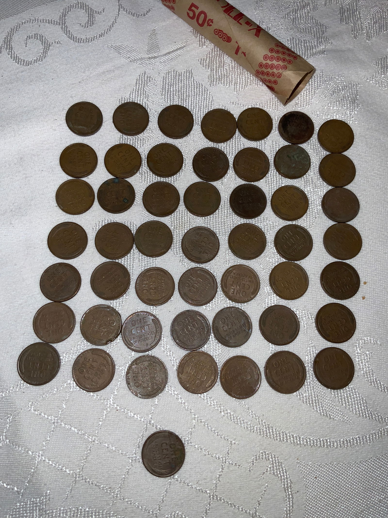 One Roll 50 Wheat Pennies Random Dates (1 of 2)