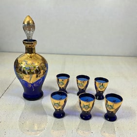 7pc Cordial Set Cobalt Blue Glass With Gold Overlay