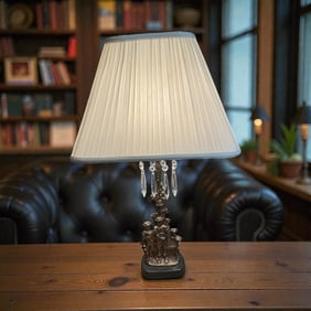 Vintage Brass / Bronze Figural Base Table Lamp With Hanging Cut Crystals