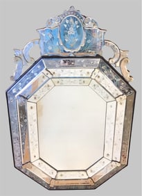 Antique Venetian Mirror Sculptured Octagon Shape Etched and Bevelled