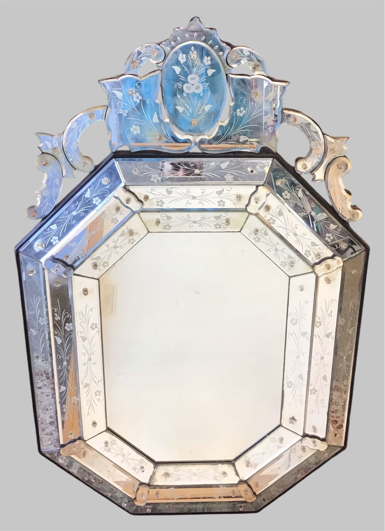 Antique Venetian Mirror Sculptured Octagon Shape Etched and Bevelled (1 of 3)