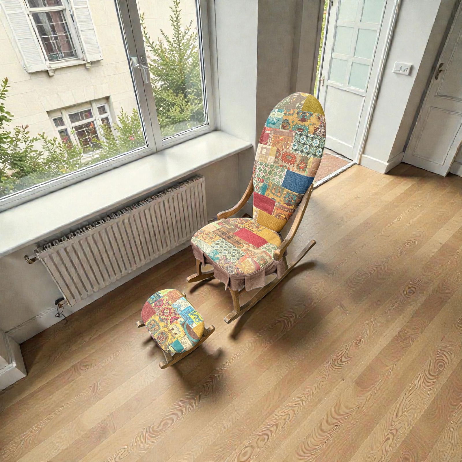 Vintage Wooden Rocker with Footstool / Ottoman and Matching Patchwork Upholstery (1 of 3)