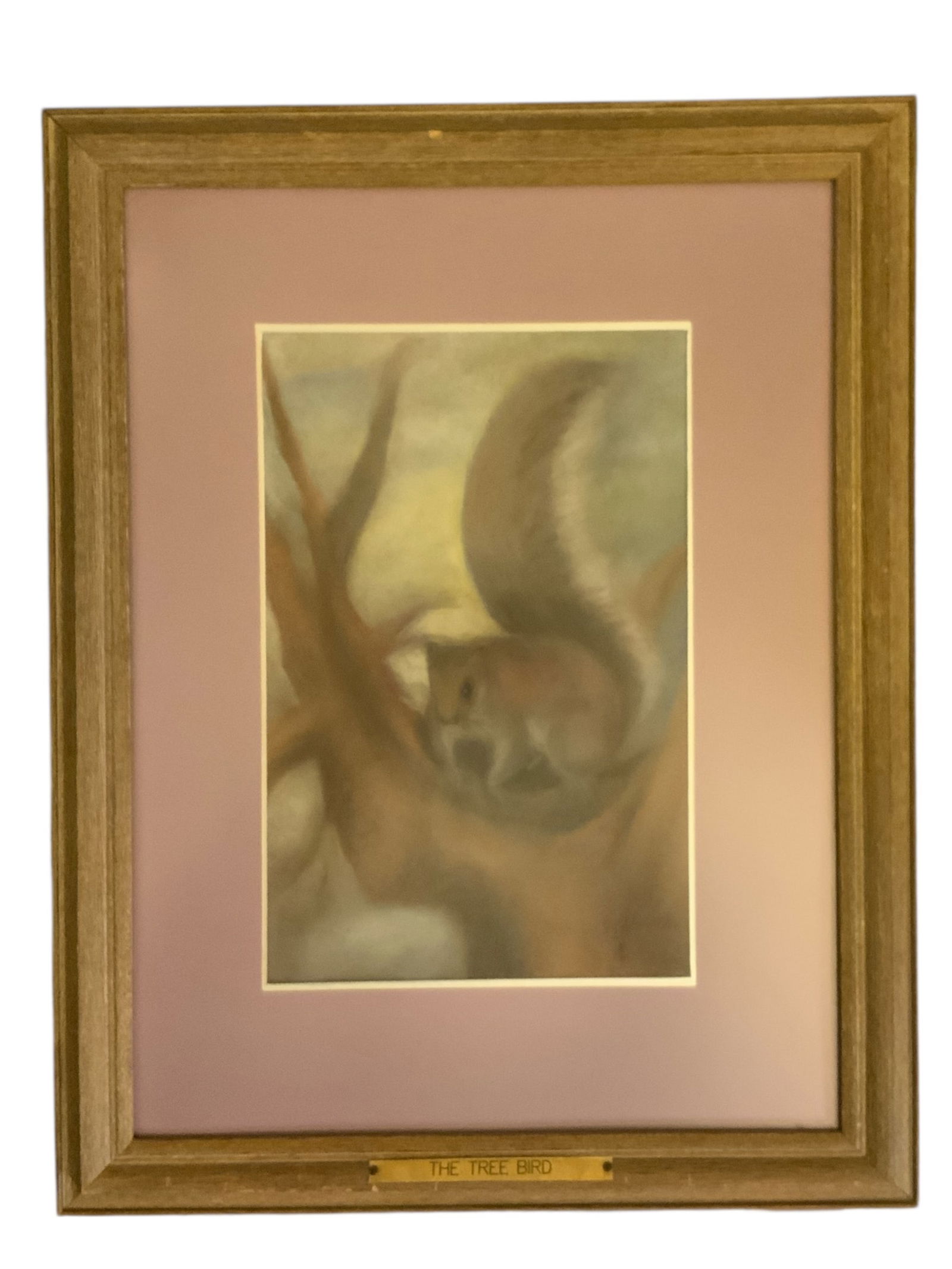 Framed “THE TREE BIRD” Under Glass: Framed “THE TREE BIRD” Under Glass. This piece has a natural blurriness to it and I believe it is the glass. There is a signature but I cannot even guess if it is original. Great frame and mat
