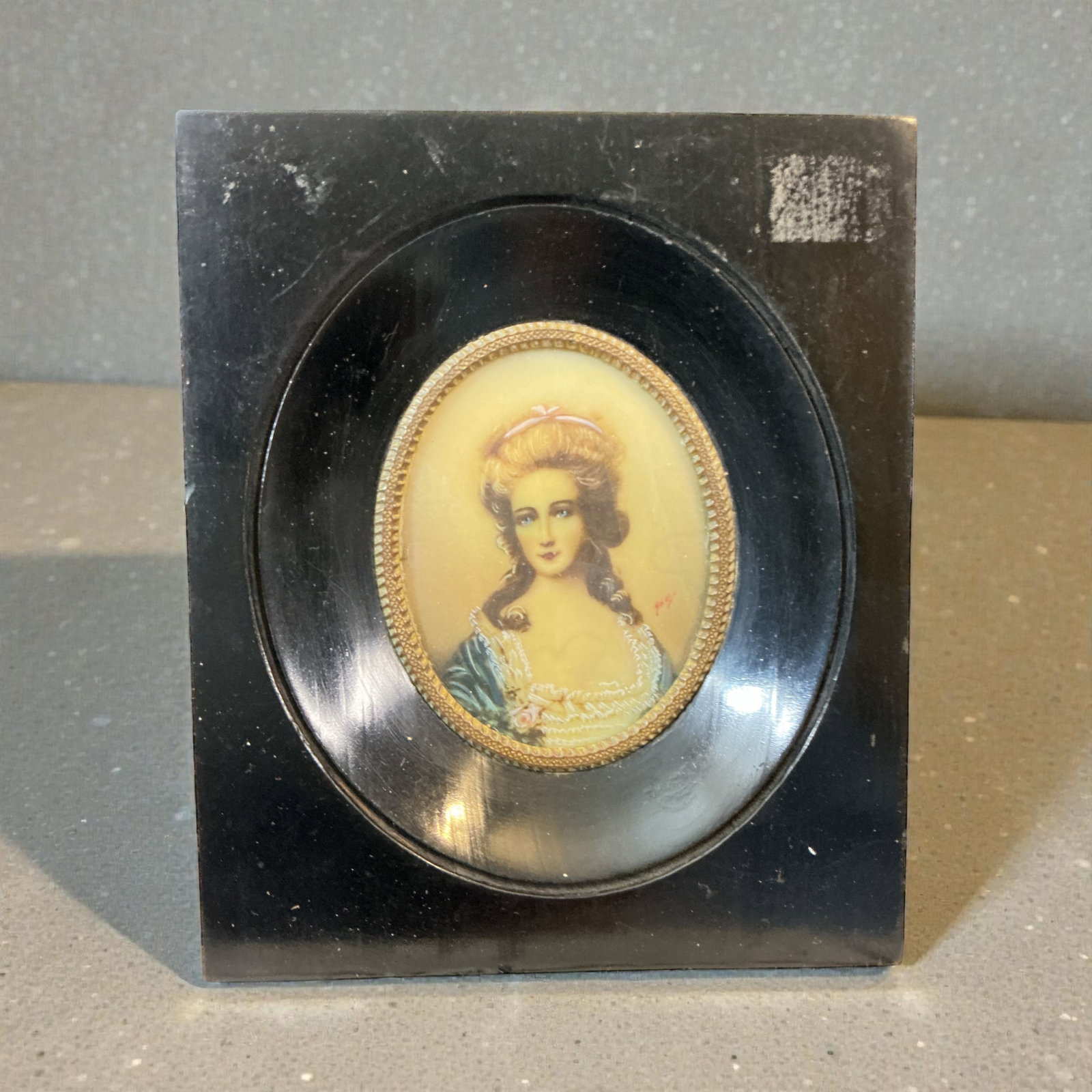 Framed Miniature Portrait Painted on Celluloid 19th Century: Framed Miniature Portrait Painted on Celluloid 19th Century.. Signed ‘Alex’