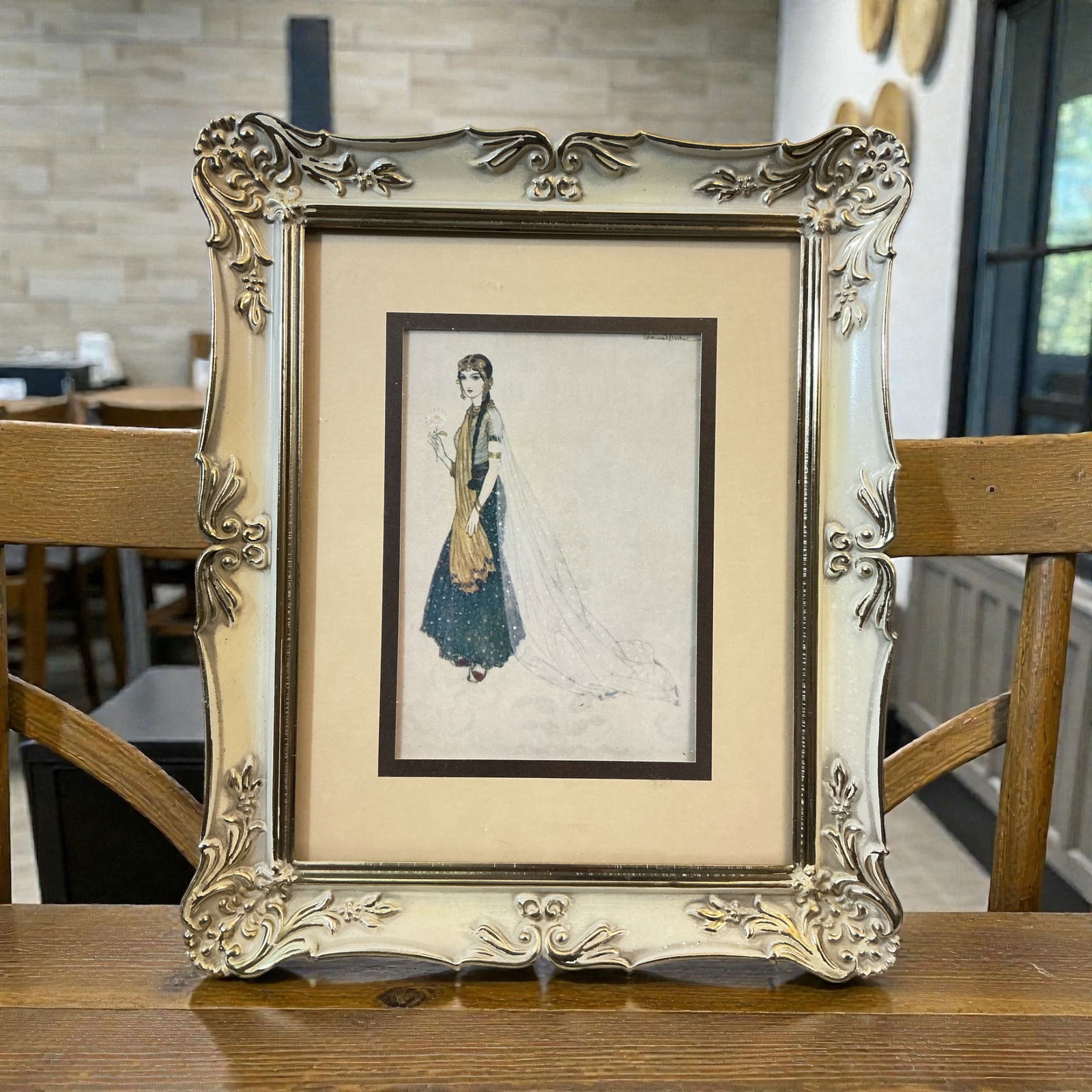 Vintage Ornate Metal Easel Frame with Woman in Long Flowing Dress.: Vintage Ornate Easel Frame with Woman in Long Flowing Dress. 10 1/2” x 12 1/2”