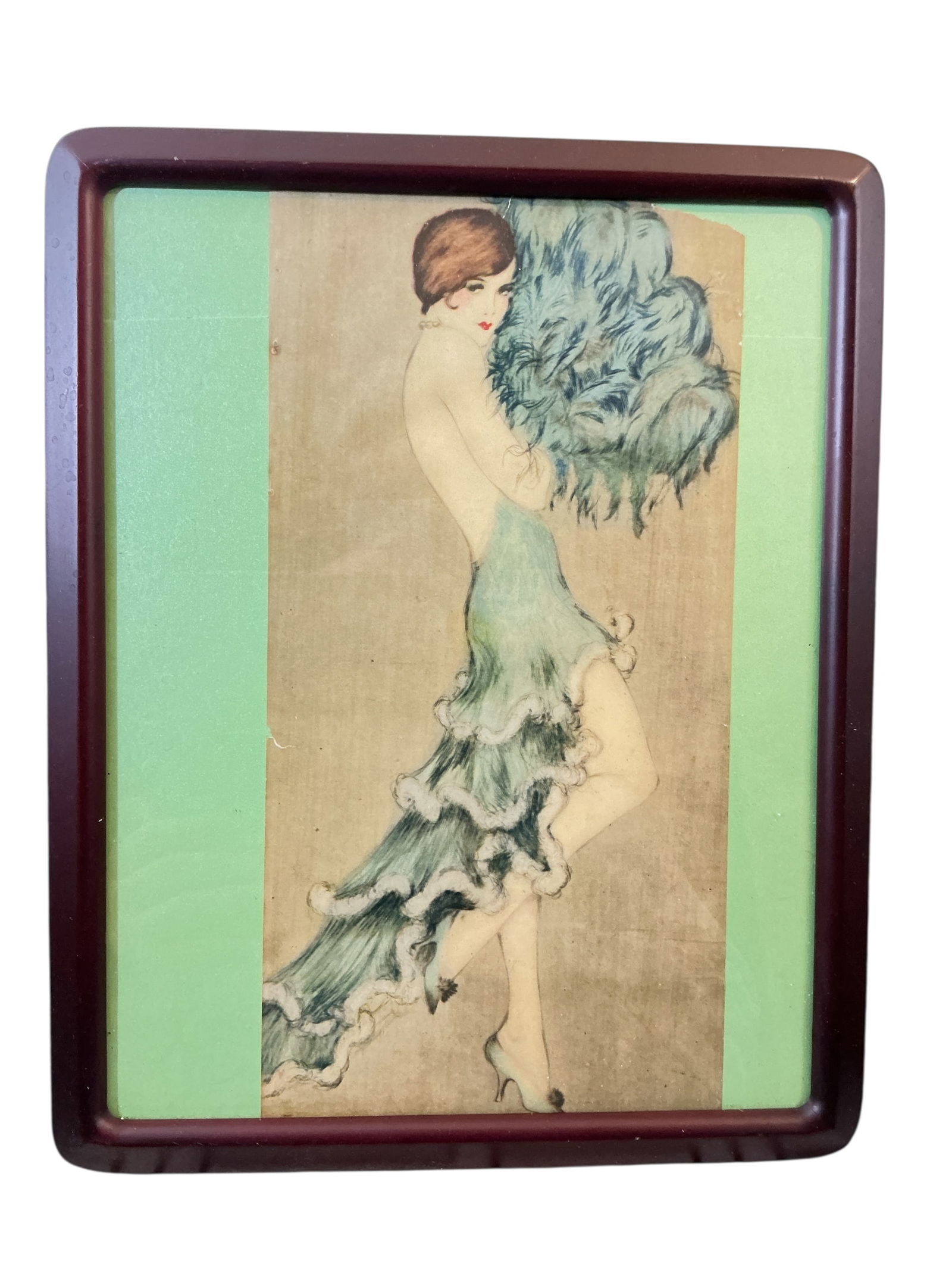 Framed Flapper Girl Print on Paper: Framed Flapper Girl Print on paper. Looks to be an etching on paper but hard to tell under glass. Easel type frame. 12 1/4” x 15 1/4”