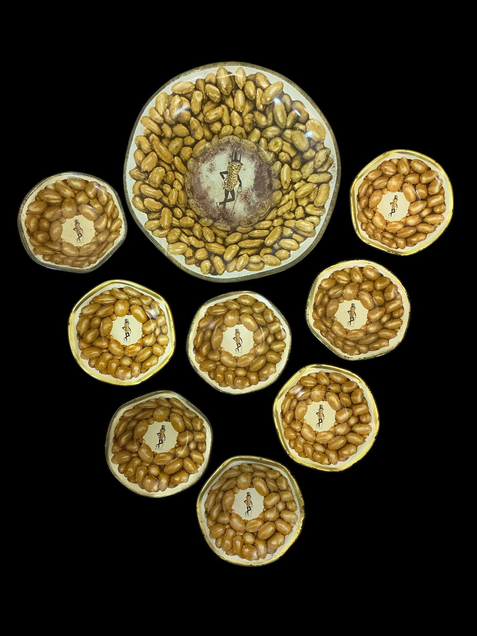 Vintage Mr. Peanut Tin Lithograph Master Nut Bowl and 8 Individual Nut Dishes (1 of 4)