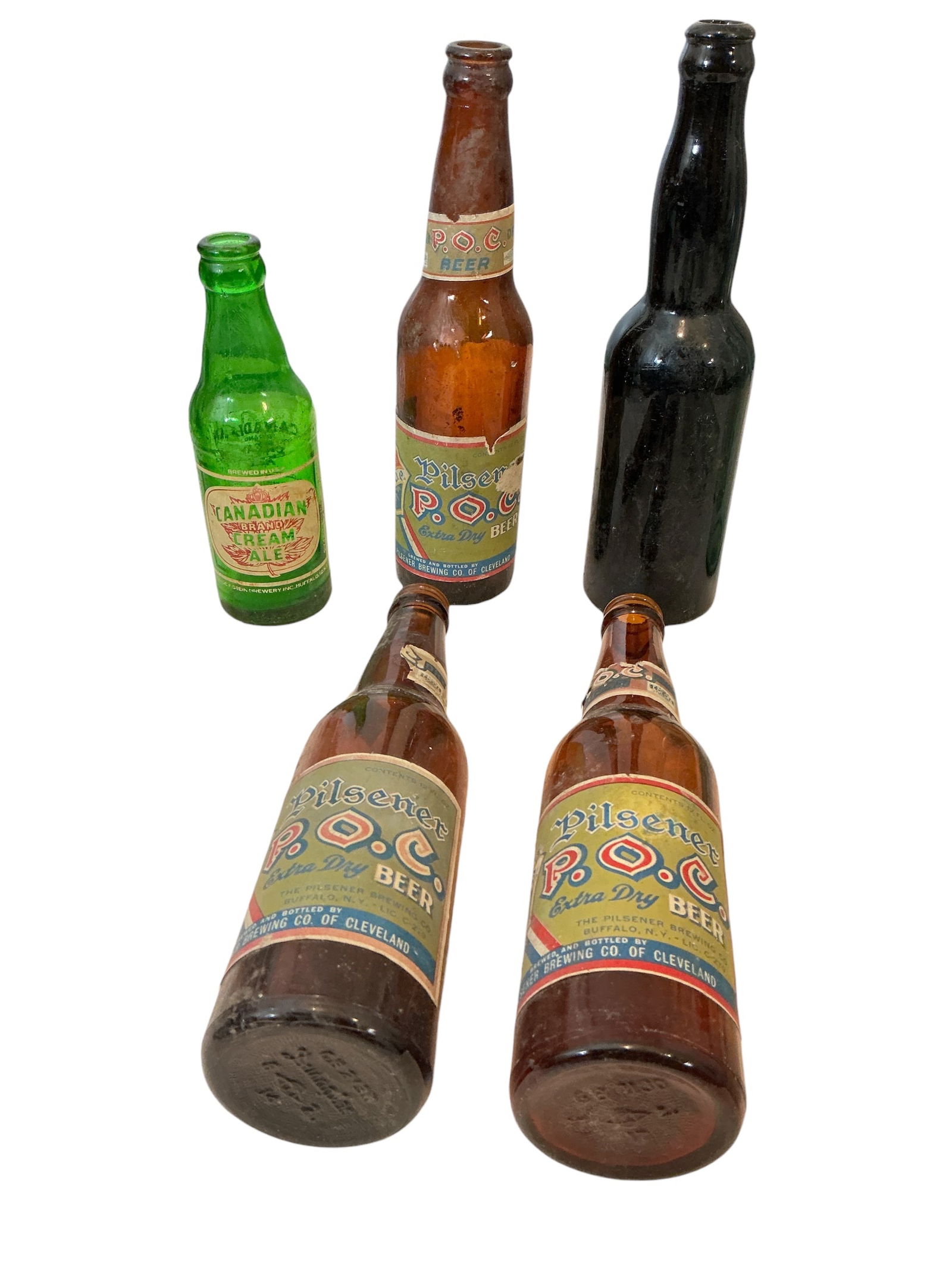 Beer Advertising 5 Glass Bottles P.O.C. Pilsner, Canadian Cream Ale, Otto Huber Brewery (1 of 1)