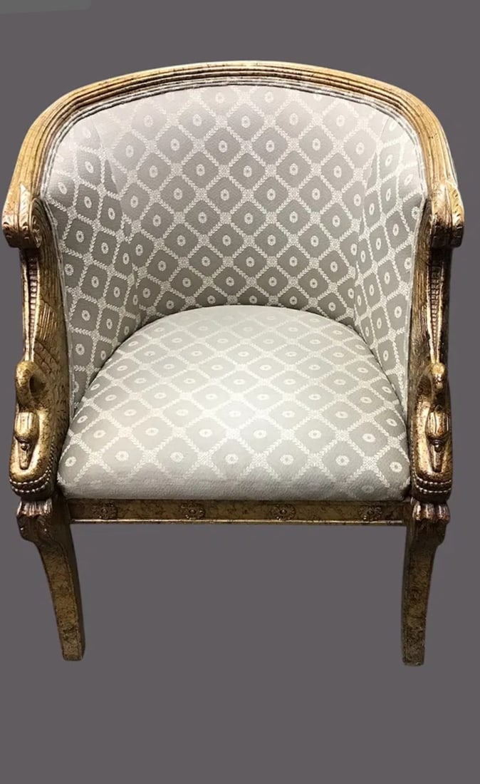 Carved Giltwood Swan Upholstery Barrel Chair featuring diamond patterned upholstery (1 of 4)