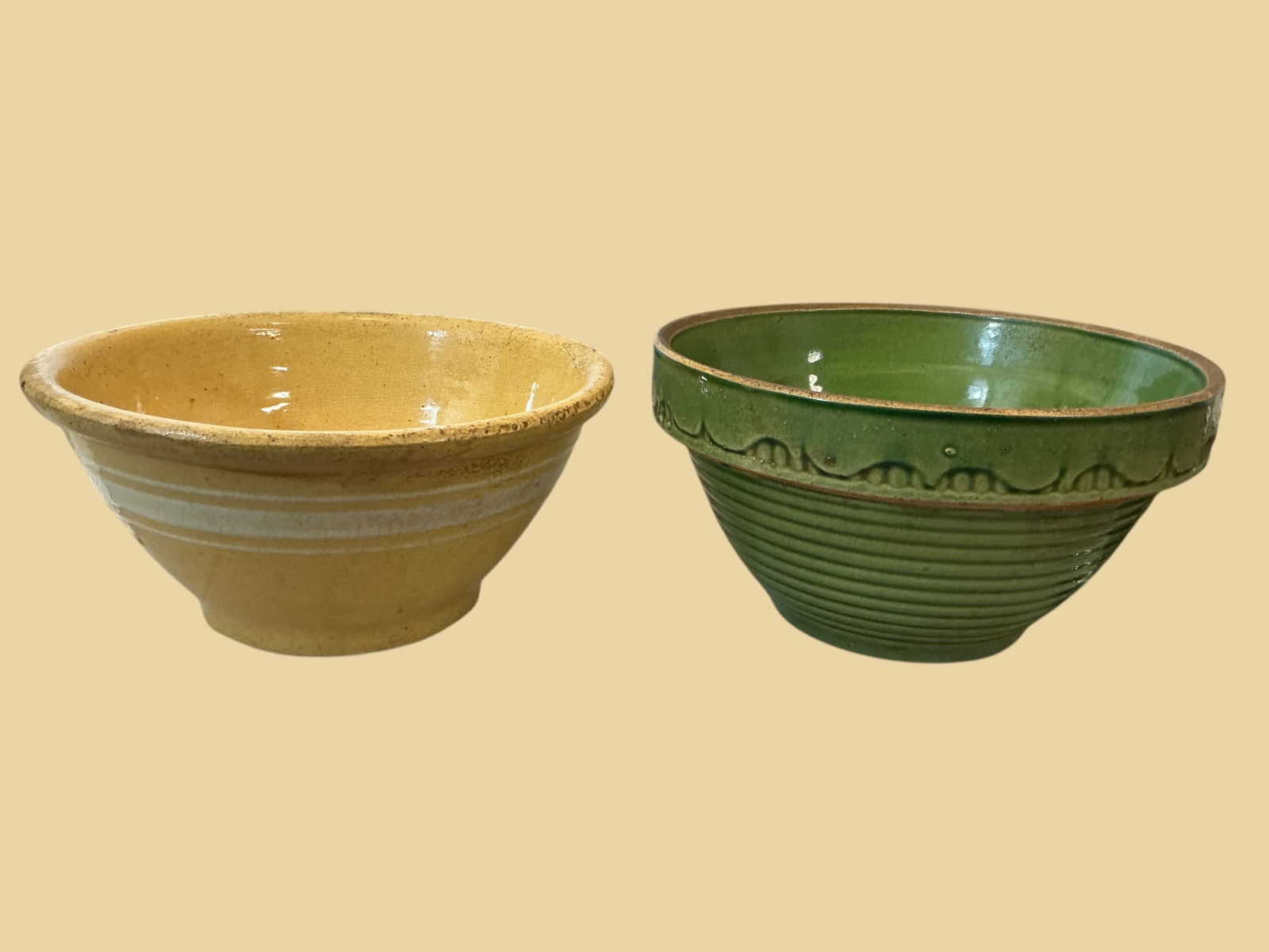 Antique 10 1/2” Yellowware Mixing Bowls Green(McCoy?) & Yellow w/stripes (1 of 7)