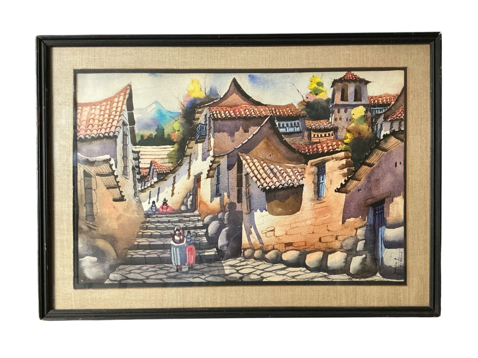Watercolor? Old World Street Scene Framed and Matted (1 of 4)
