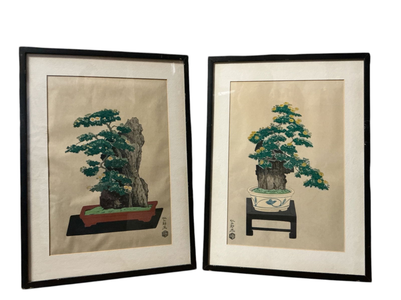 Pair Mid-century Japanese Woodblock Prints Bonsai Chrysanthemums Attributed to Nisaburo Ito (1 of 7)