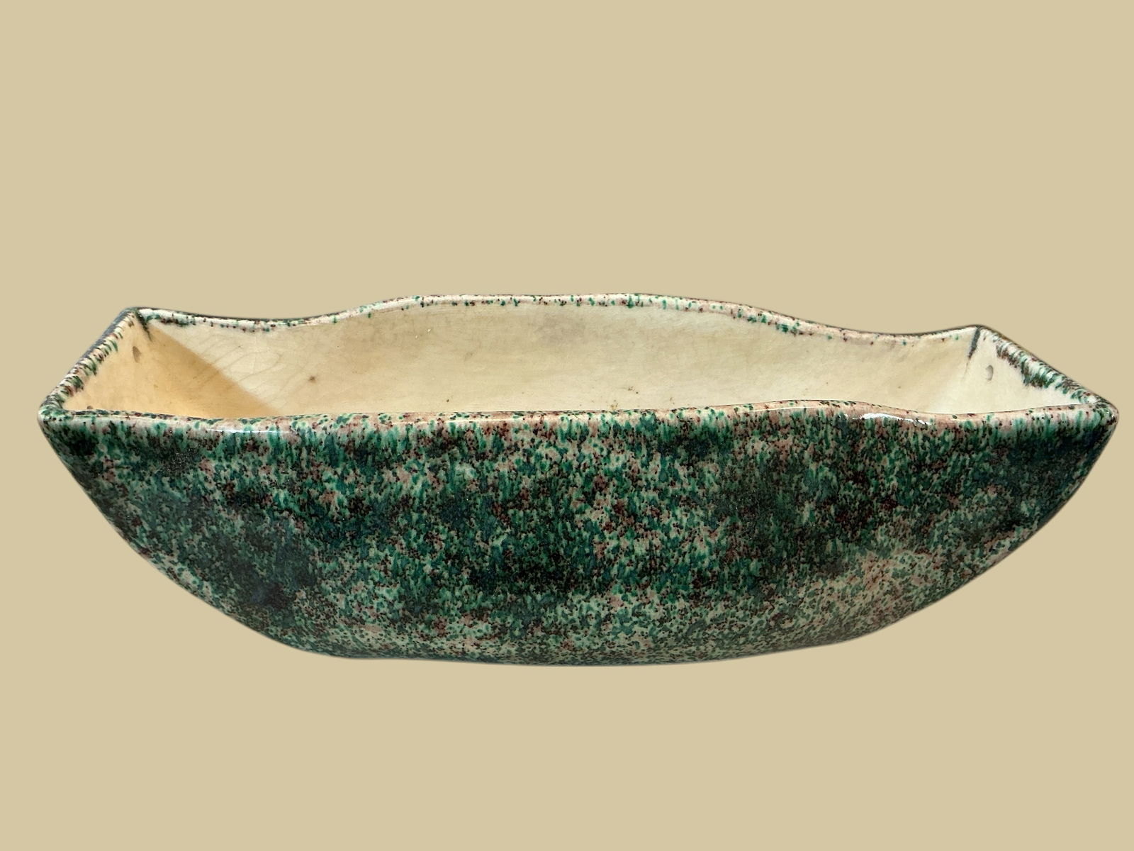 Vintage Ceramic Pottery 'Swoop-shaped" Planter Green Speckled Drip Glaze (1 of 6)