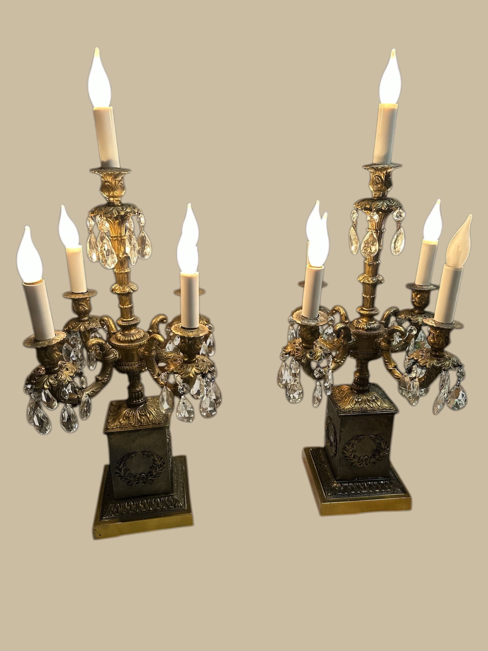 2 Mid-century French Hollywood Regency Candelabra Table Lamps with 5 Arms and Crystals: 2 Mid-century French Hollywood Regency Candelabra Table Lamps with 5 Arms and CrystalsAll prisms are present. One does not hang because the hanger hole is open and needs a touch of solder to close. On