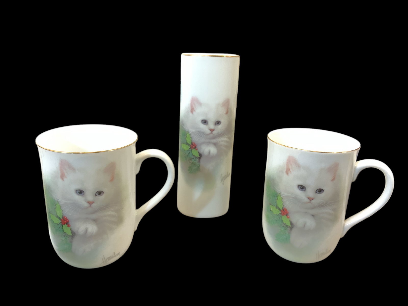Otagiri Bob Harrison Collection 2 Mugs and Bud Vase Cat with Holly (1 of 3)