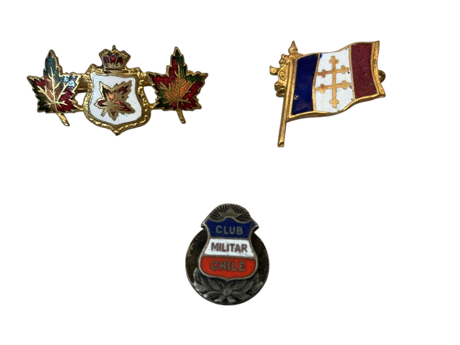 3 Lapel Pins Chilean Military Club Flag of Free France Canadian Maple leaf and Crown (1 of 2)