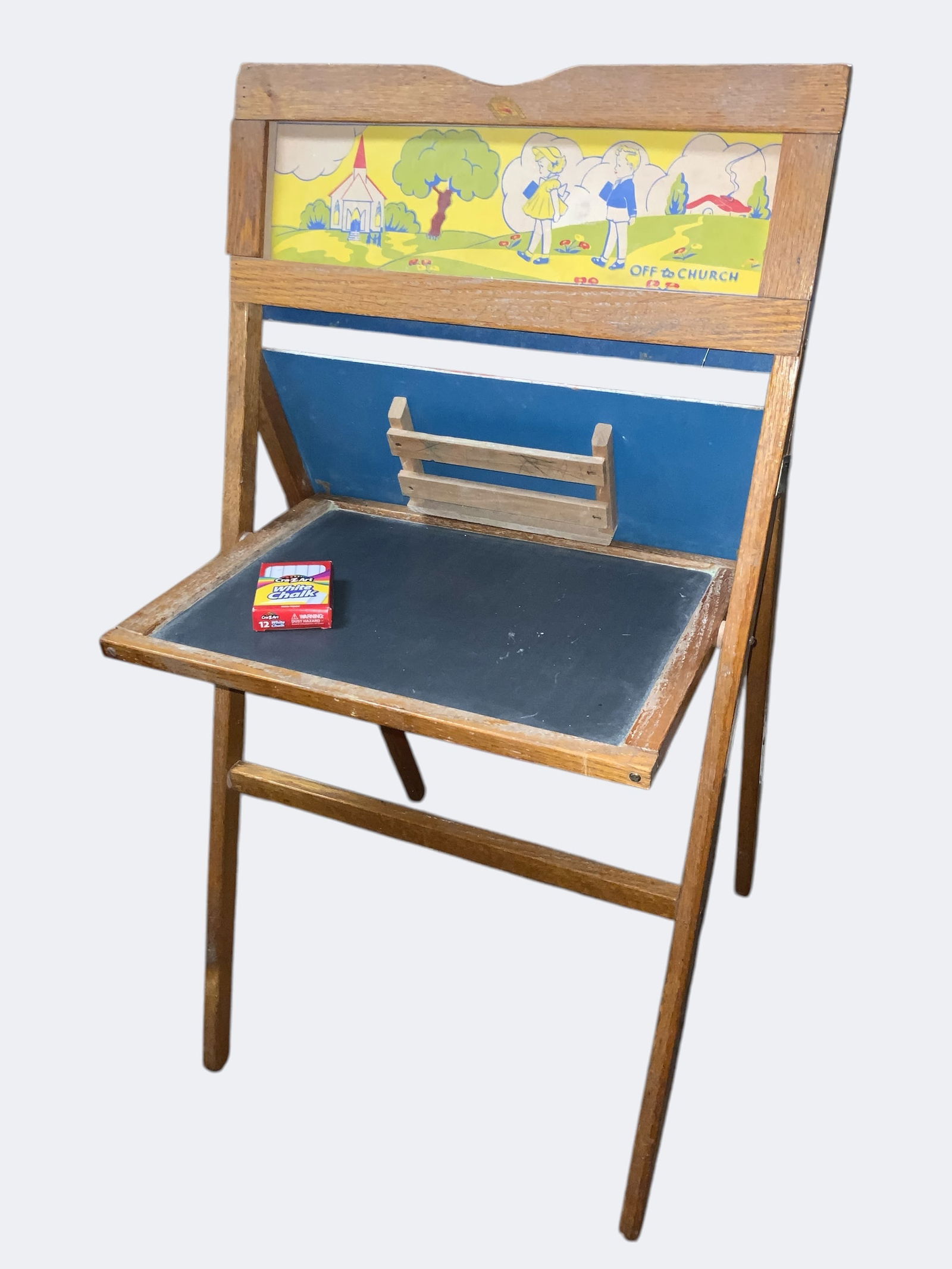Vintage Child's Folding Easel Chalkboard: Vintage Child's Folding Easel Chalkboard. Chalkboard is in excellent condition. Finish on the wood has deteriorated a bit but overall a nice piece. Some stray marks and writing, as kids often do.....*