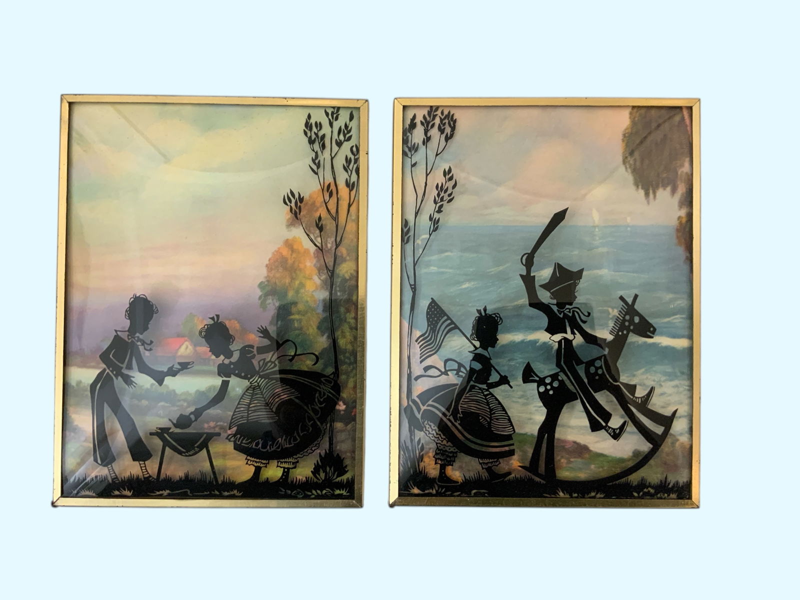 Vintage Reverse Painted Silhouettes on Convex Bubble Glass Set of 2 (1 of 4)