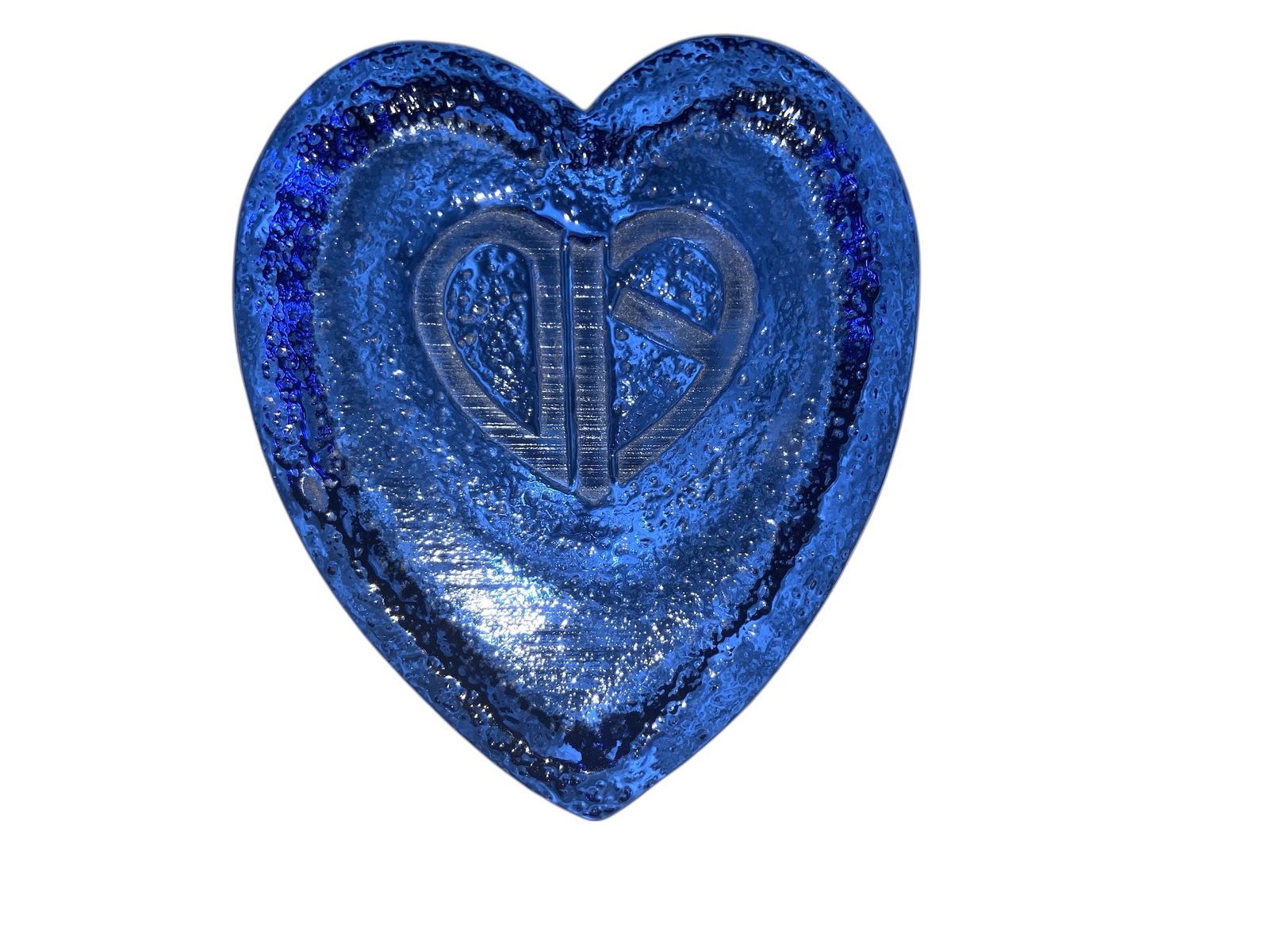 Solid Blue Glass Heart-shaped Paperweight: Solid Blue Glass Heart-shaped Paperweight. Feels heavy for its size and is in great condition. No chips, cracks, breaks, or repairs. Inscription is said to translate "Thinking of you". Approx 3 1/4" x