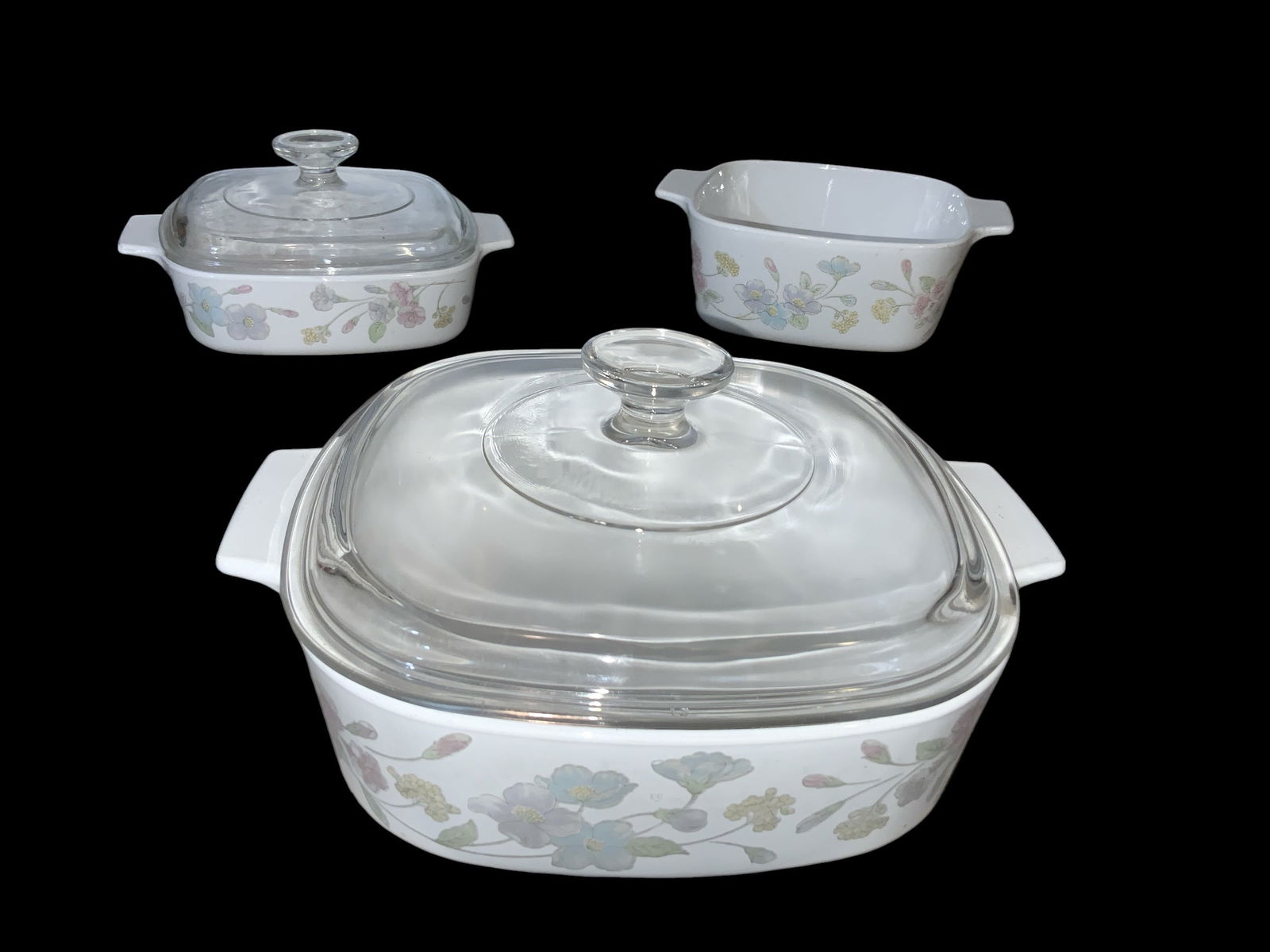 Vintage Corning 'Pastel Bouquet' Casseroles(3) with Pyrex Lids(2) (1 of 4)