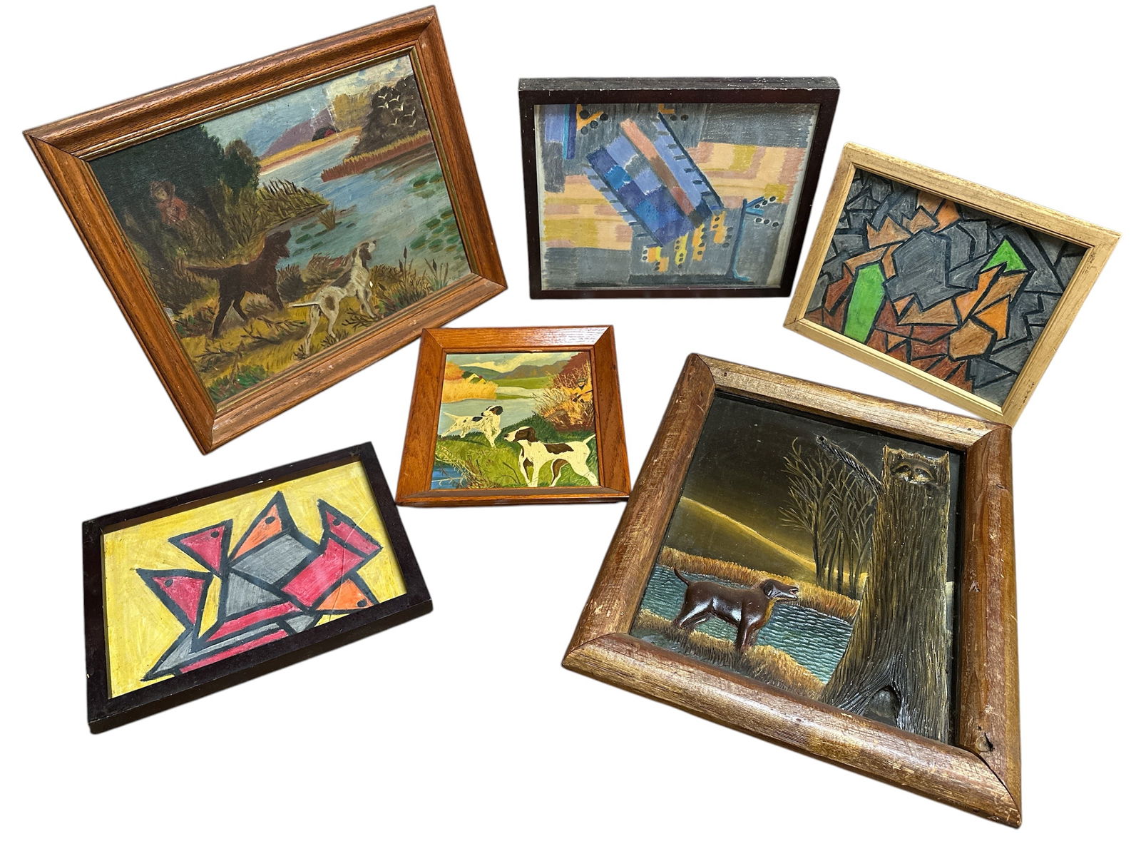 Box Vintage Framed Art 6pc: Box Vintage Framed Art 6pc. Yellow background piece has a crack in the glass. Dog with raccoon in the tree is a 3D mixed media carved piece. All have been hanging in the estate for a looonng time. Pre