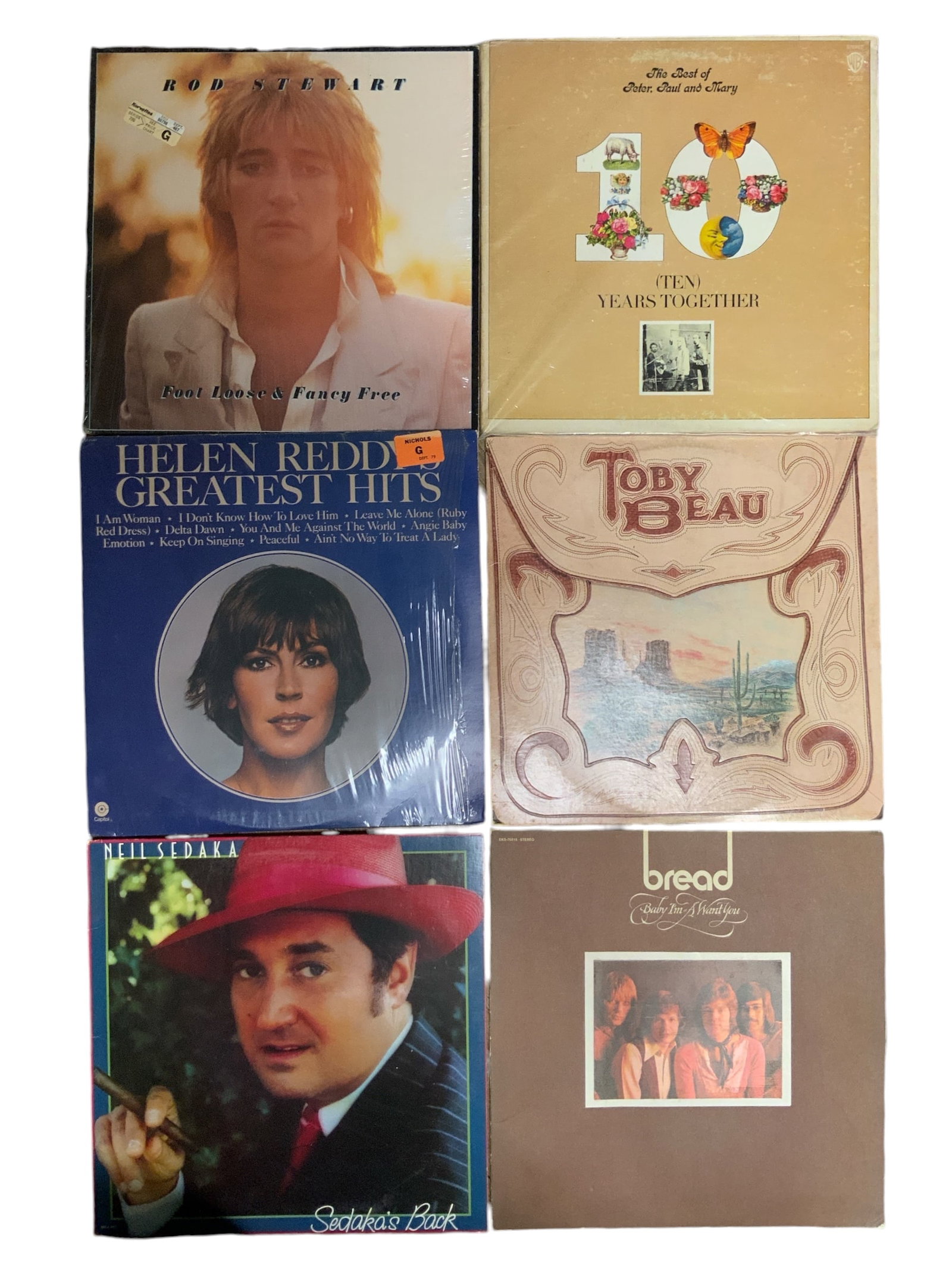 6 Vintage 1970s Vinyl Record Albums Sedaka, Reddy, Stewart, bread, Toby Beau, Peter Paul & Mary (1 of 2)