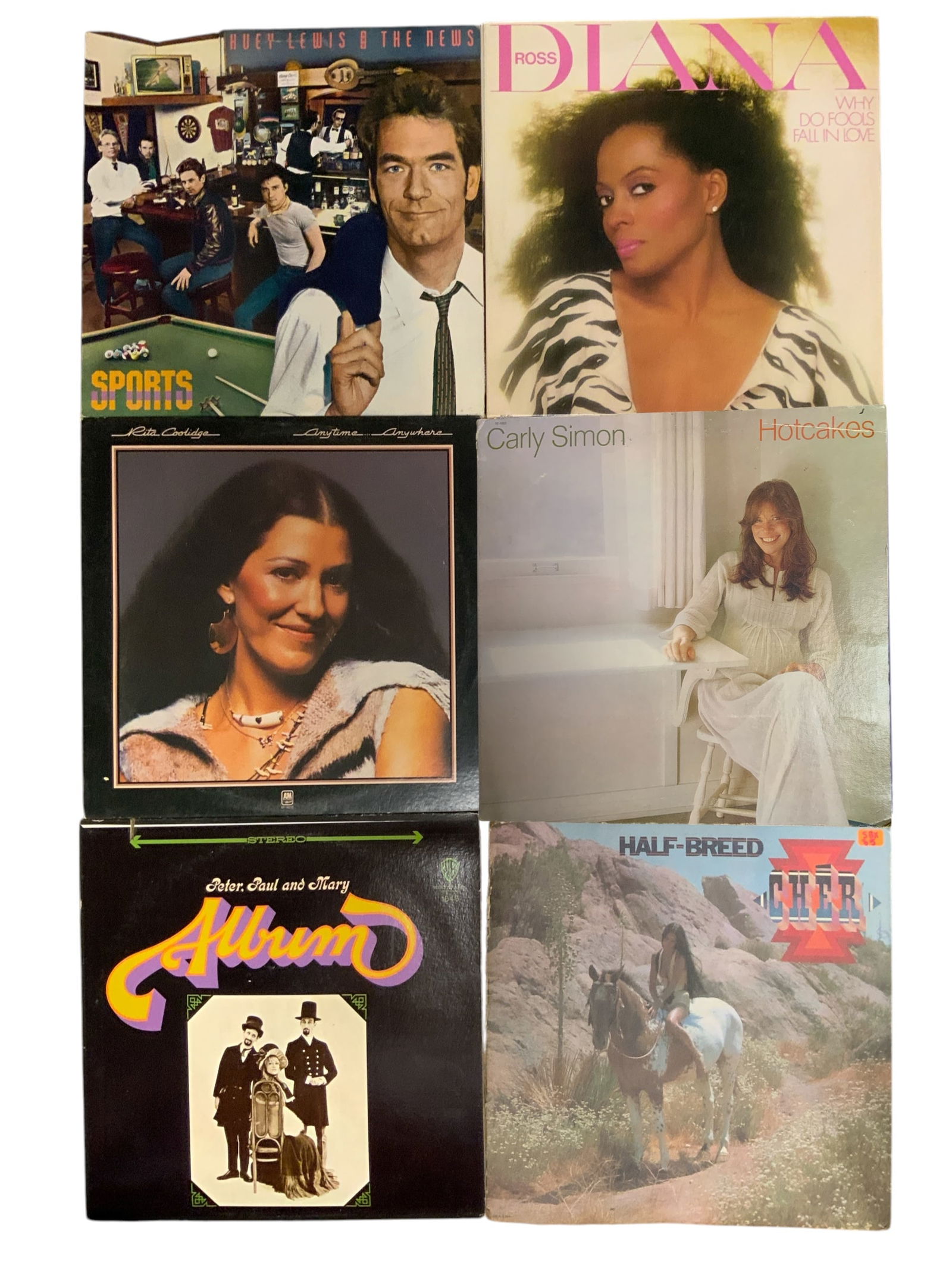 6 Vintage 60s/70s/80s Vinyl Record Albums Cher, Ross, Coolidge, Huey Lewis, Carly, Peter Paul & Mary (1 of 2)