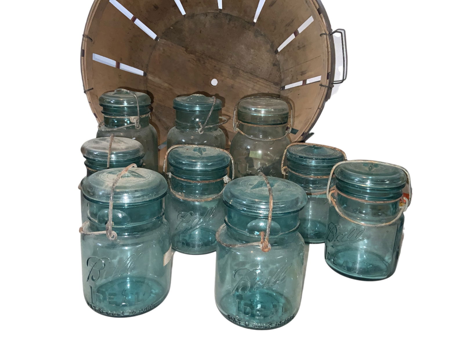 Vintage Blue Tint Ball Ideal & Atlas E-Z Seal Canning Jars 9pc in Bushel Basket (1 of 3)