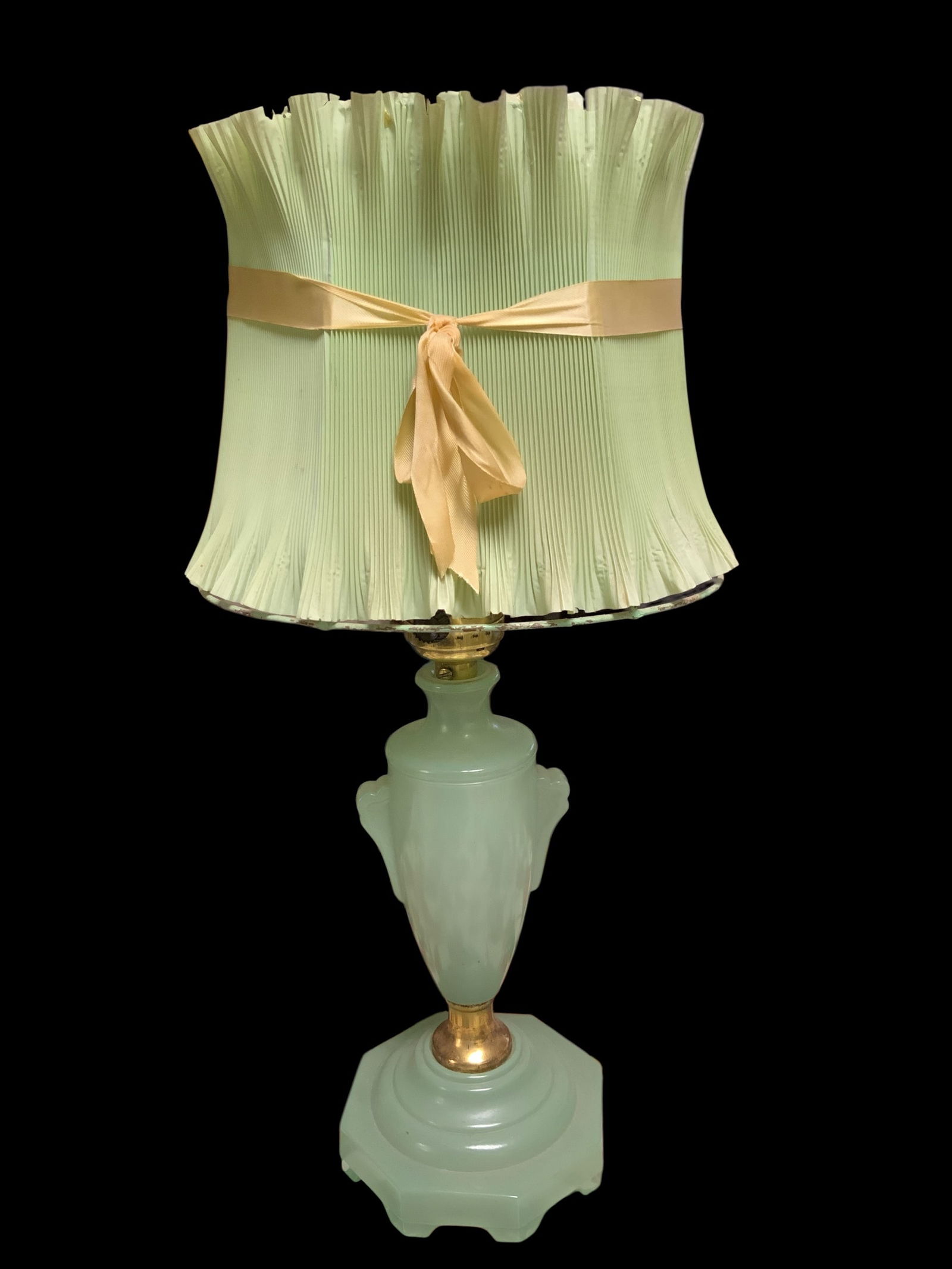 Art Deco Green Glass Boudoir Lamp with Shade (1 of 5)