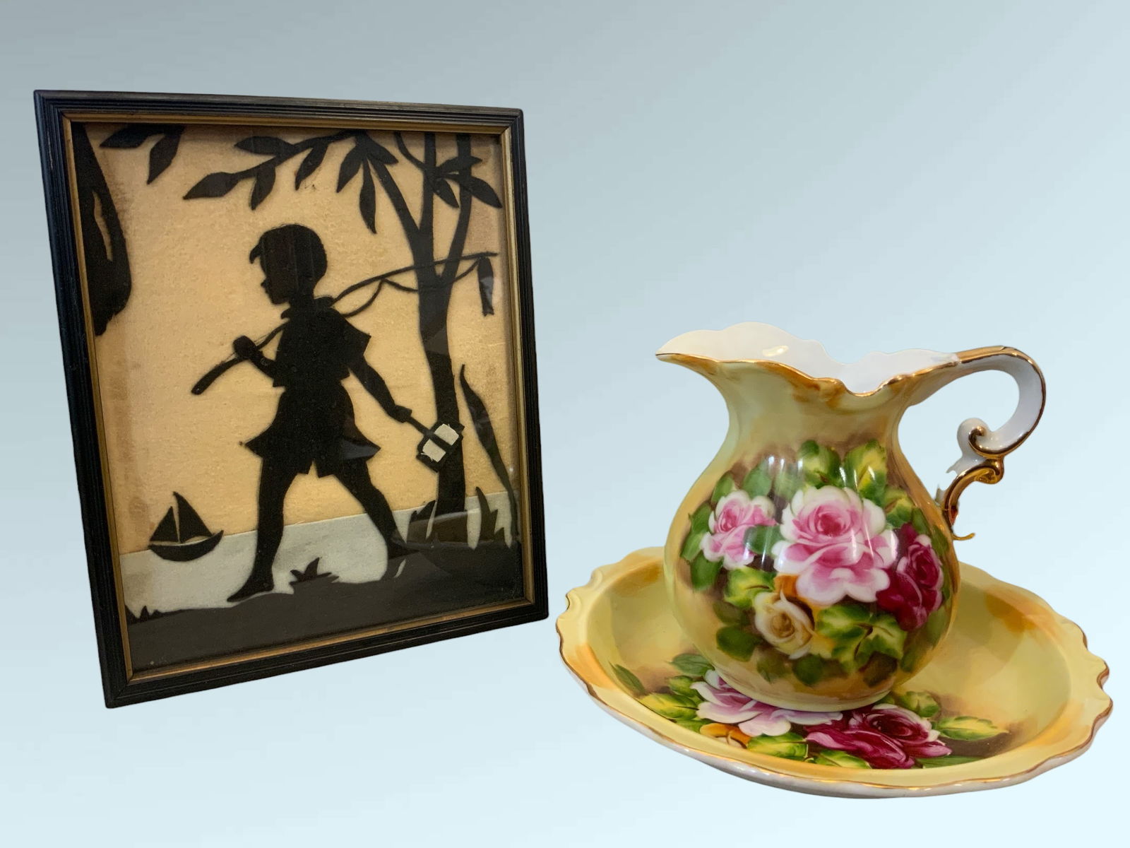 Pitcher and Bowl- Japan- & Framed Folk Art Cut-felt Silhouette: Pitcher and Bowl- Japan- & Framed Folk Art Cut-felt Silhouette. No chips, cracks, breaks, repairs, or crazing. Bowl is 9 1/4" diameter, pitcher is 6 1/4" tall, Silhouette is 8 3/4" x 10 3/4".=========