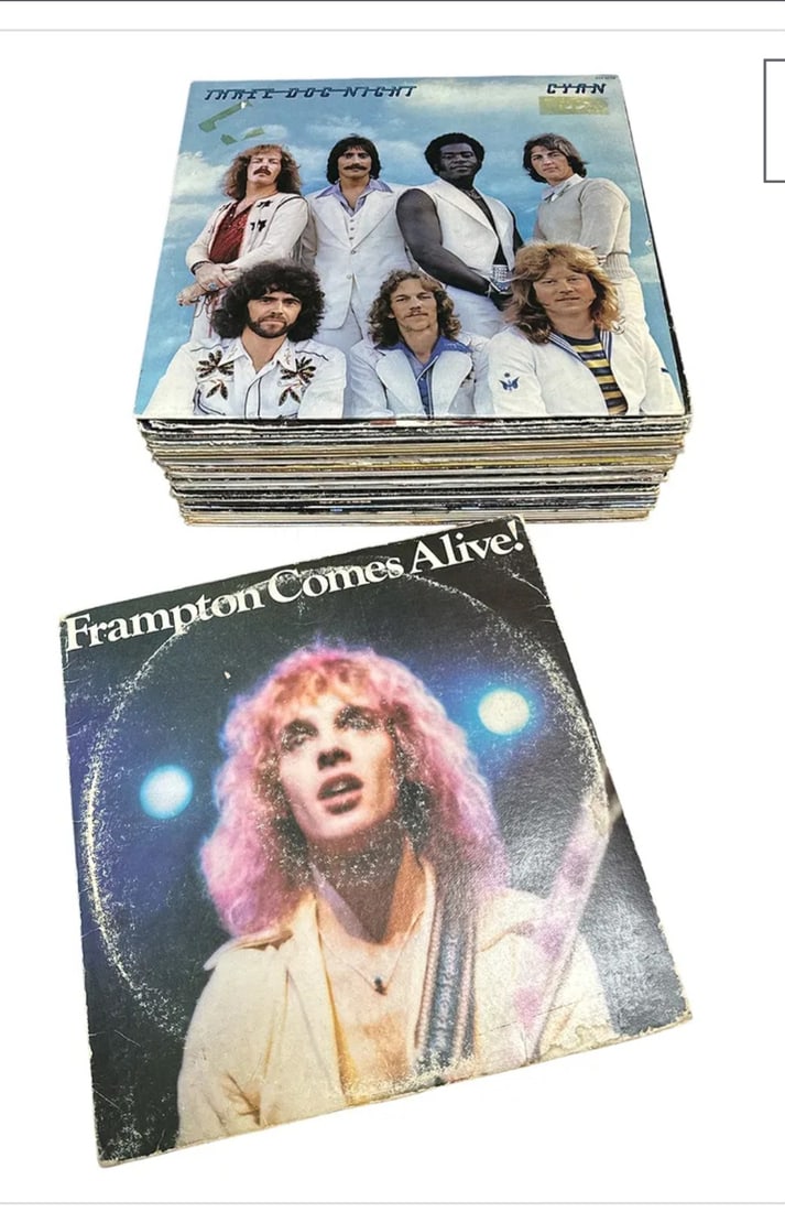 Box lot (27) vintage 33.3 record albums: Vintage Vinyl 27 Albums Frampton Three Dog Night Ross Taylor Lisa Lisa and more. Condition of the vinyl varies from excellent to fair. All look as though they will play without skip. Cover condition v