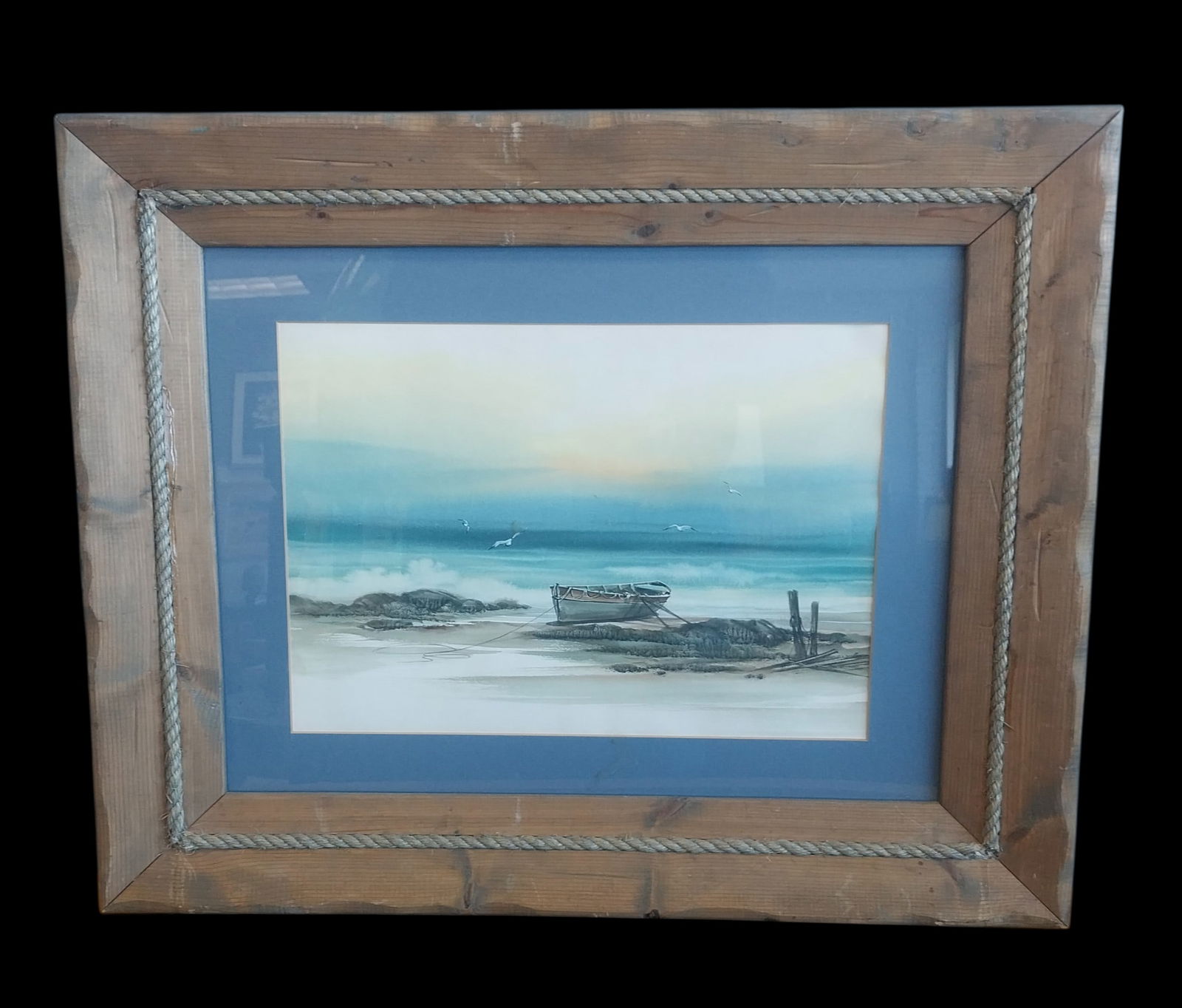 Framed Ocean Sceen Matted and underglass: Framed Ocean Sceen Matted and underglass in good condition measures 26 inches wide and 22 inches tall
