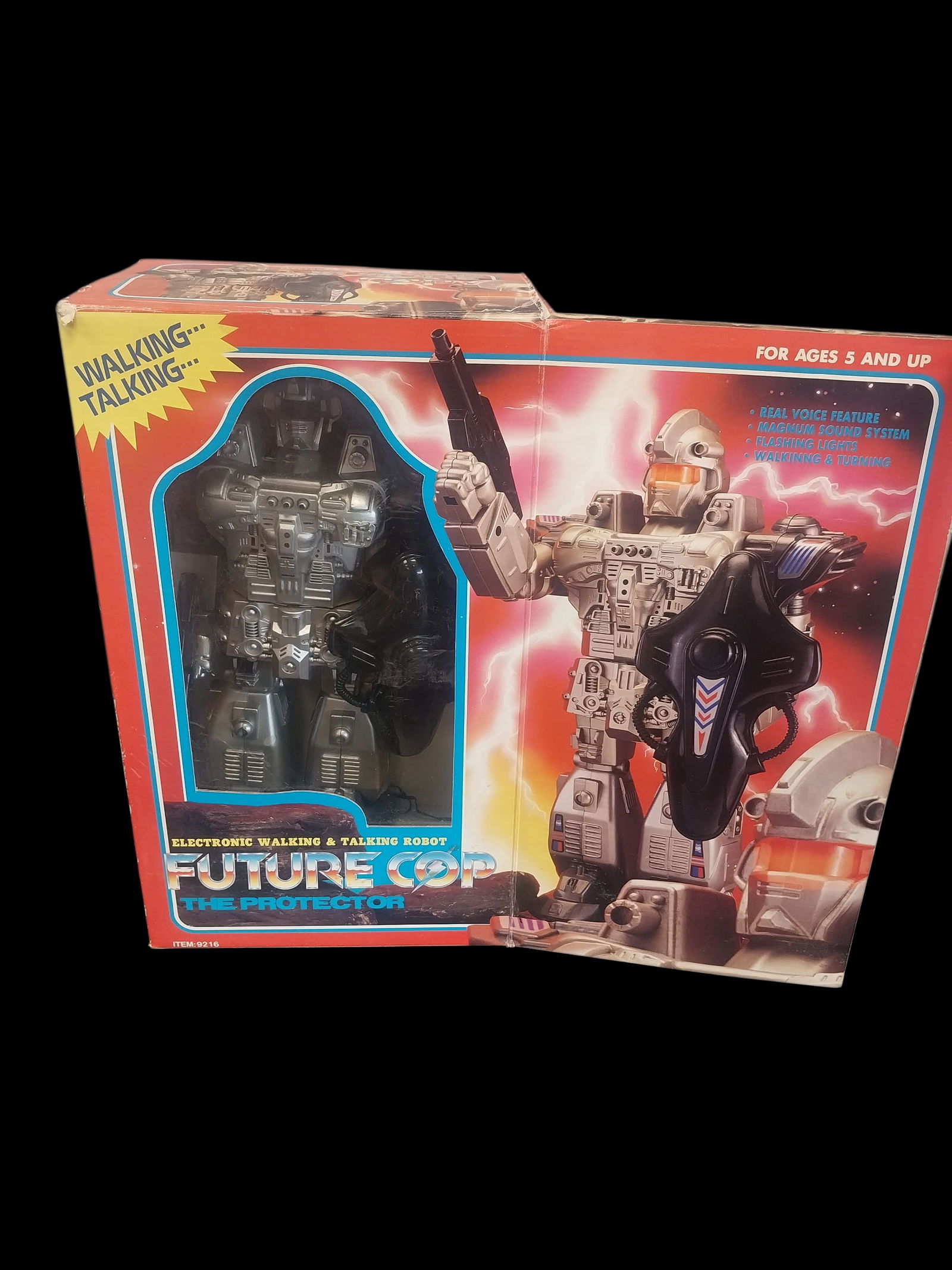Vintage Battery Operated Future Cop in Original Box: Vintage Battery Operated Future Cop in original box. Box shows ware. Stands 14 inches tall and 9 inches wide out of the box. THIS TOY IS UNTESTED!!!!!================================= PLEASE READ ====