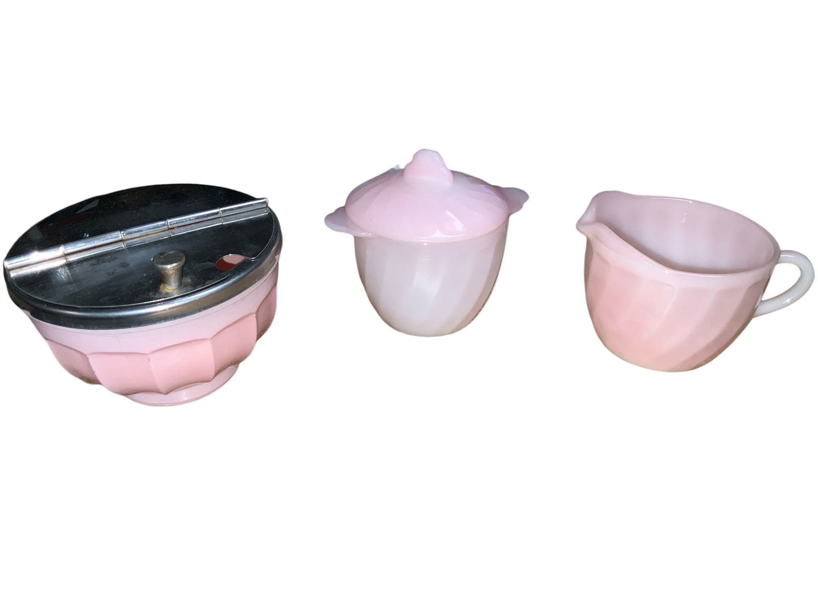 3pc Mid-century Sugar and Cream Table Servers: 3pc Mid-century Sugar and Cream Table Servers. Hinged lid piece has a small dent by the hole where the spoon handle would pass through. No spoon is included. There are no makers marks on this piece.