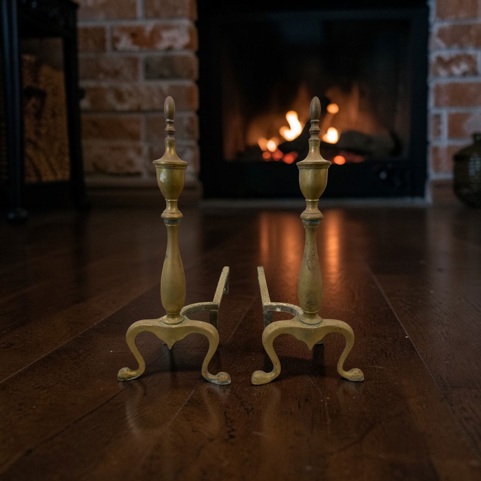 Pair Brass Andirons: Pair Brass Andirons. Decorative front uprights are non-magnetic. Log bars are magnetic.18" tall 16" front-to-back. ================================= PLEASE READ =============================Shipping f