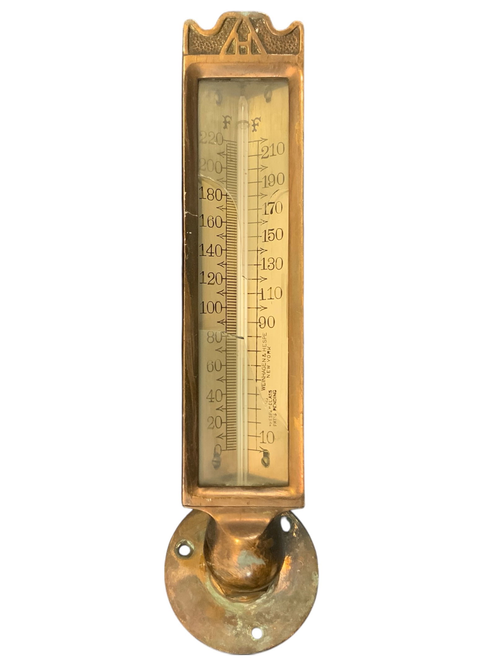 Vintage Weinhagen & Hespe Brass-cased Glass Mercury-type Boiler Thermometer: Vintage Weinhagen & Hespe Brass-cased Glass Mercury-type Boiler Thermometer. Window glass is broken but the thermometer tube looks unaffected and currently shows an accurate room temperature. 2 1/2" x