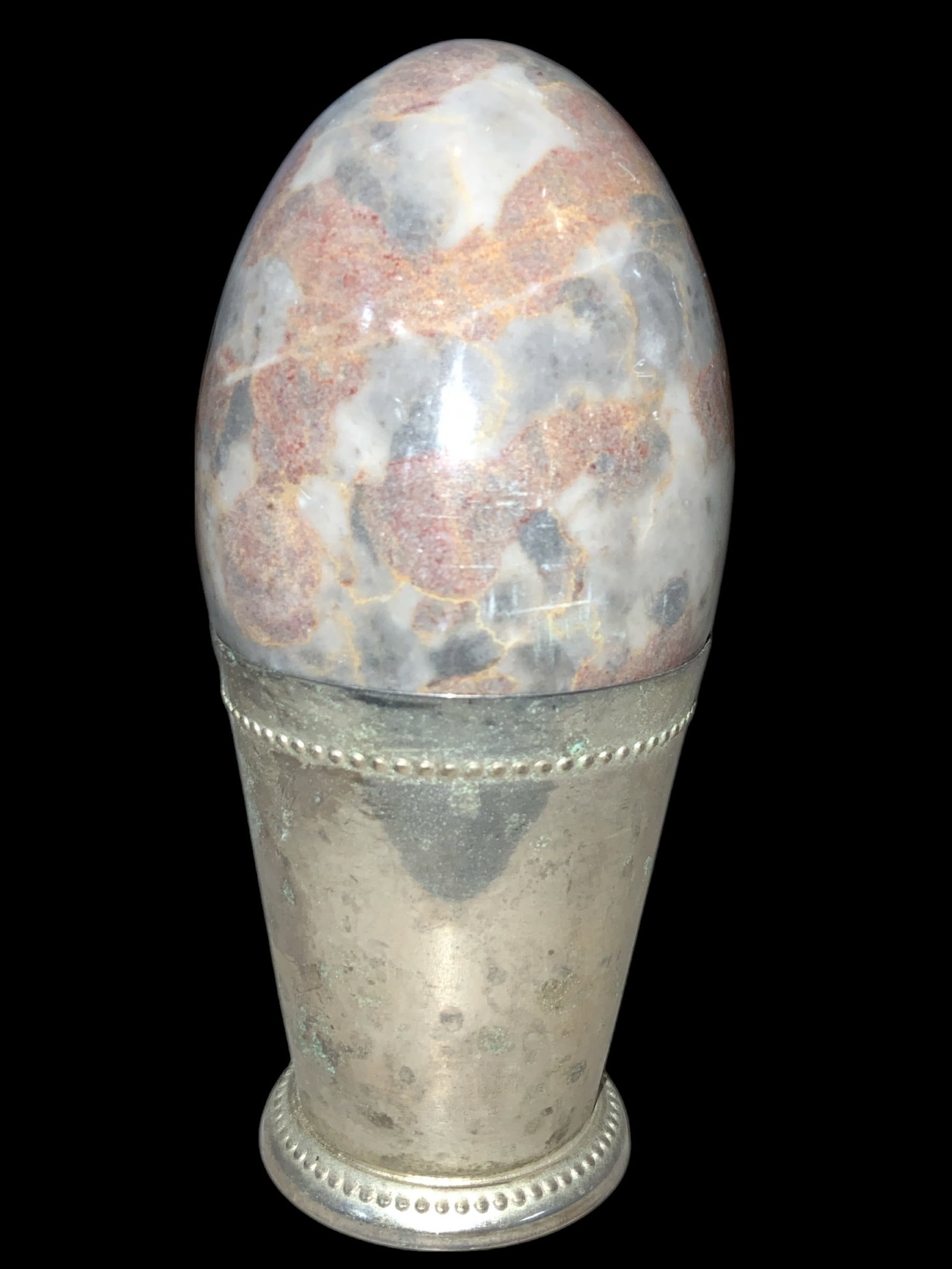Large Mineral / Polished Stone Egg in Non-magnetic Metal Base: Large Mineral / Polished Stone Egg in Non-magnetic Metal Base. Just over 6" tall resting in the base. ================================= PLEASE READ =============================Shipping for this lot i