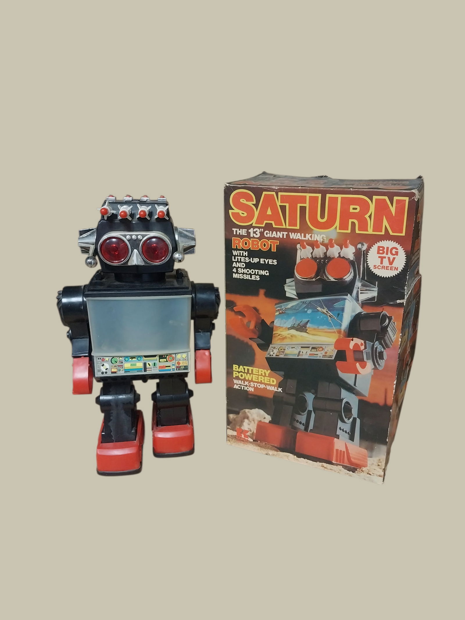 Vintage 1980' SATURN ROBOT Battery Operated Toy: Vintage 1980' SATURN ROBOT Battery Operated Toy Missiles on top of head still shoot as they should. UNTESTED as far as putting Batteries in. Box shows ware and is ripped on side as pictured. Stands 13