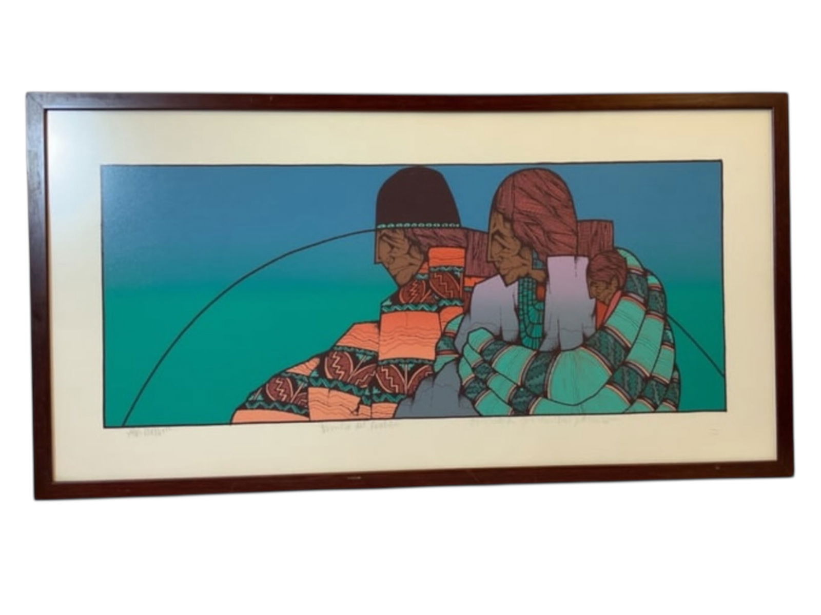 Amado Maurillio Peña Numbered Print ‘Familia Del Pueblo’: Amado Maurillio Peña Numbered Print ‘Familia Del Pueblo’. Embossed paper. Numbered 25/65 Bright colors and nicely framed under glass.15 1/2” x 29 1/2” x 1