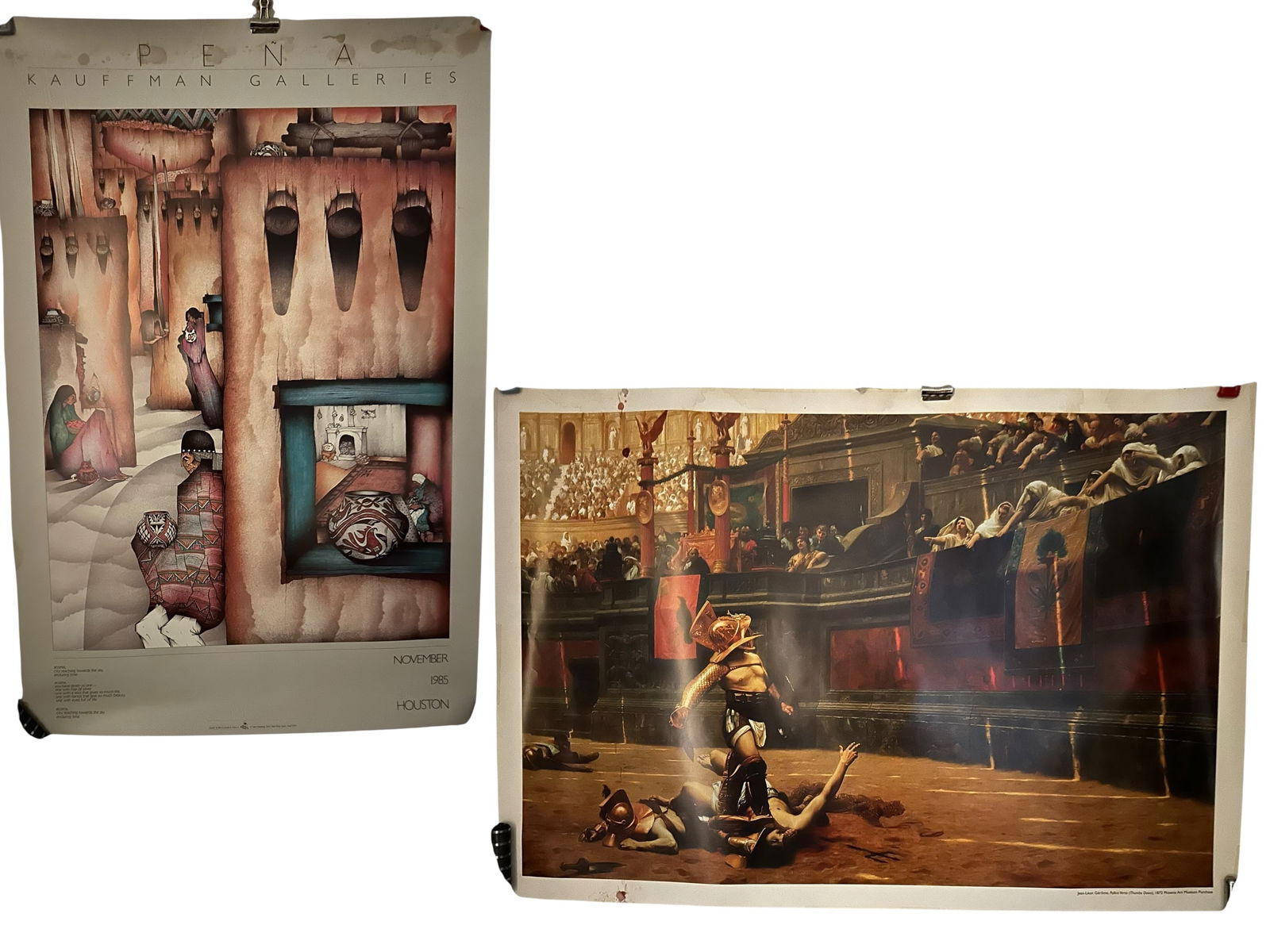 (2) Posters Peña Kauffman Galleries 1985 & Pollice VersoPhoenix Art Museum: (2) Posters Peña Kauffman Galleries 1985 & Pollice VersoPhoenix Art Museum. Each has some staining at the edges. 22" x 33" & 21 1/2" x 31"=========================PLEASE READ===================Shippi