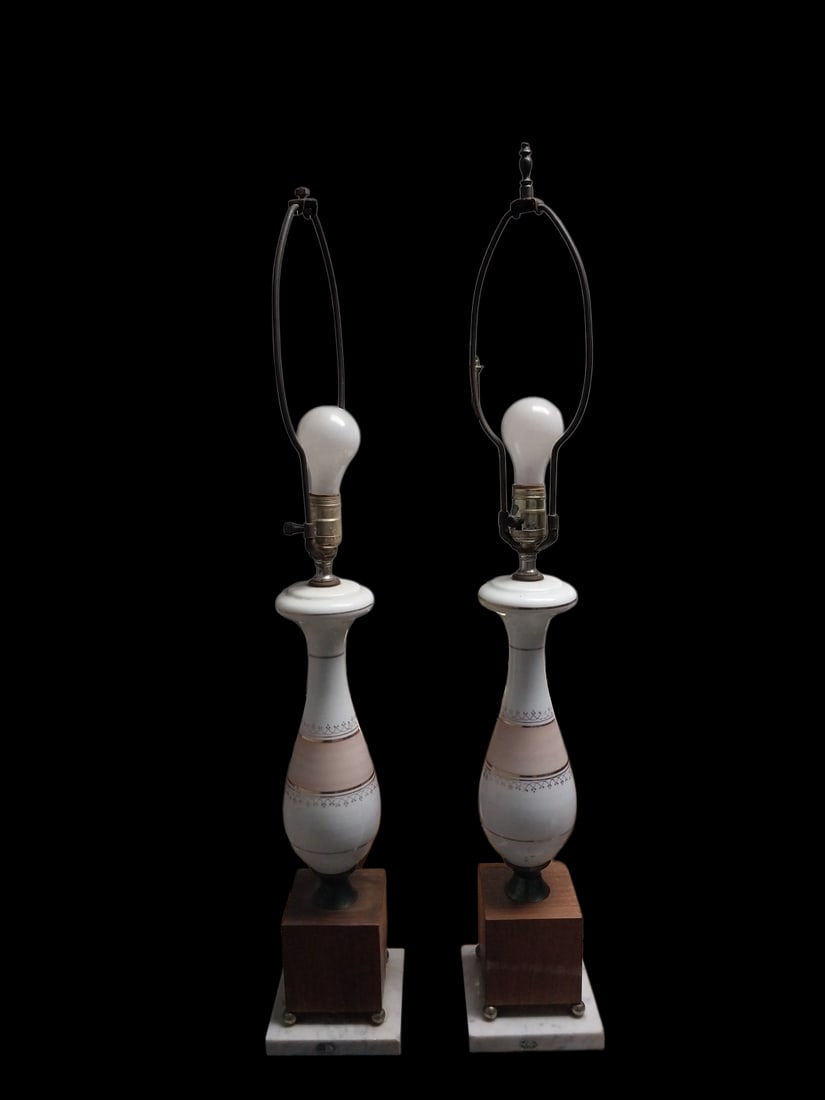 Pair of Mid-Centry Marble Base Hand Painted Lamps (1 of 4)
