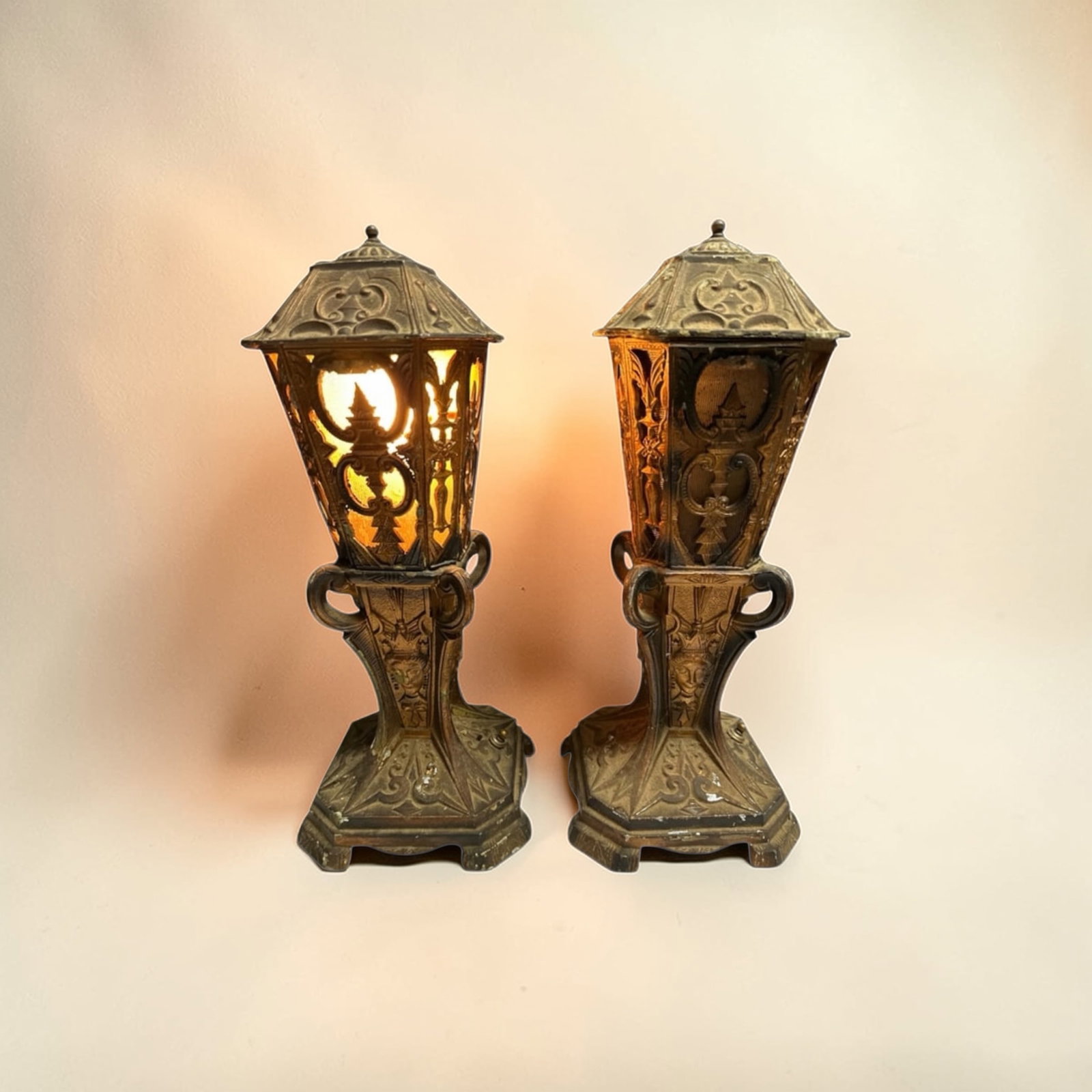 Pair Antique Victorian Gothic Revival Table Lamps: Pair Antique Victorian Gothic Revival Table Lamps. Non-magnetic metal construction with stylized flowing scrollwork and geometric patterns typical of the Art Nouveau period. Probably date to the late