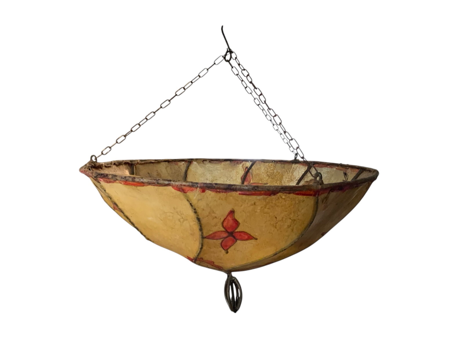 Vintage Metal and Parchment Hanging Floral Decor: Vintage Metal and Parchment Hanging Floral Decor. Looks like it should be a bowl-type shade for a hanging lamp and admittedly a light fixture could be added to it. There are some splits in the parchme